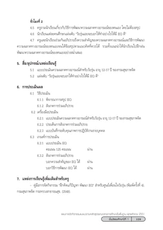 129™—Èπ¡—∏¬¡»÷°…“ªï∑’Ë 1
·ºπ°“√®—¥°‘®°√√¡·π–·π«µ“¡À≈—° Ÿµ√·°π°≈“ß°“√»÷°…“¢—Èπæ◊Èπ∞“π æÿ∑∏»—°√“™ 2551
™—Ë«‚¡ß∑’Ë 2
4.5 §√Ÿ∂“¡π—°‡√’¬π‡°’Ë¬«°—∫«‘∏’°“√æ—≤π“§«“¡©≈“¥∑“ßÕ“√¡≥å¢Õßµπ‡Õß ‚¥¬‰¡àµâÕß √ÿª
4.6 π—°‡√’¬π·µà≈–§π»÷°…“·ºàπæ—∫ ç«—¬√ÿàπ‡Õ¬®–∫Õ°„Àâ∑”Õ¬à“ß‰√„Àâ¡’ EQ ¥’é
4.7 §√Ÿ·≈–π—°‡√’¬π√à«¡°—πÕ¿‘ª√“¬∂÷ß§«“¡ ”§—≠¢Õß§«“¡©≈“¥∑“ßÕ“√¡≥å·≈–«‘∏’°“√æ—≤π“
§«“¡©≈“¥∑“ßÕ“√¡≥å¢Õßµπ‡Õß®π‰¥â¢âÕ √ÿªµ“¡·π«§‘¥∑’Ë§«√‰¥â √«¡∑—Èß·π–π”„Àâπ—°‡√’¬π‰ªΩñ°Ωπ
æ—≤π“§«“¡©≈“¥∑“ßÕ“√¡≥å¢Õßµπ‡ÕßÕ¬à“ß ¡Ë”‡ ¡Õ
5.  ◊ËÕ/Õÿª°√≥å/·À≈àß‡√’¬π√Ÿâ
5.1 ·∫∫ª√–‡¡‘π§«“¡©≈“¥∑“ßÕ“√¡≥å ”À√—∫«—¬√ÿàπ Õ“¬ÿ 12-17 ªï ¢Õß°√¡ ÿ¢¿“æ®‘µ
5.2 ·ºàπæ—∫ ç«—¬√ÿàπ‡Õ¬®–∫Õ°„Àâ∑”Õ¬à“ß‰√„Àâ¡’ EQ ¥’é
6. °“√ª√–‡¡‘πº≈
6.1 «‘∏’ª√–‡¡‘π
6.1.1 æ‘®“√≥“°“√ √ÿª EQ
6.1.2  —ß‡°µ°“√√à«¡Õ¿‘ª√“¬
6.2 ‡§√◊ËÕß¡◊Õª√–‡¡‘π
6.2.1 ·∫∫ª√–‡¡‘π§«“¡©≈“¥∑“ßÕ“√¡≥å ”À√—∫«—¬√ÿàπ Õ“¬ÿ 12-17 ªï ¢Õß°√¡ ÿ¢¿“æ®‘µ
6.2.2 ª√–‡¥Áπ°“√ —ß‡°µ°“√√à«¡Õ¿‘ª√“¬
6.2.3 ·∫∫∫—π∑÷°√–¥—∫§ÿ≥¿“æ°“√ªØ‘∫—µ‘ß“π√“¬∫ÿ§§≈
6.3 ‡°≥±å°“√ª√–‡¡‘π
6.3.1 ·∫∫ª√–‡¡‘π EQ
§–·ππ 125 §–·ππ ºà“π
6.3.2  —ß‡°µ°“√√à«¡Õ¿‘ª√“¬
∫Õ°§«“¡ ”§—≠¢Õß EQ ‰¥â ºà“π
∫Õ°«‘∏’°“√æ—≤π“ EQ ‰¥â ºà“π
7. ·À≈àß°“√‡√’¬π√Ÿâ‡æ‘Ë¡‡µ‘¡ ”À√—∫§√Ÿ
- §Ÿà¡◊Õ°“√®—¥°‘®°√√¡ çΩñ°§‘¥·°âªí≠À“ æ—≤π“ EQé  ”À√—∫»Ÿπ¬å‡æ◊ËÕπ„®«—¬√ÿàπ (æ‘¡æå§√—Èß∑’Ë 4).
°√¡ ÿ¢¿“æ®‘µ °√–∑√«ß “∏“√≥ ÿ¢. (2548).
 