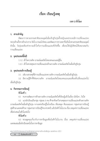 12 ™—Èπ¡—∏¬¡»÷°…“ªï∑’Ë 1
·ºπ°“√®—¥°‘®°√√¡·π–·π«µ“¡À≈—° Ÿµ√·°π°≈“ß°“√»÷°…“¢—Èπæ◊Èπ∞“π æÿ∑∏»—°√“™ 2551
‡√◊ËÕß ‡√’¬π√Ÿâ‡Àµÿ
‡«≈“ 2 ™—Ë«‚¡ß
1.  “√– ”§—≠
æ—≤π“°“√µ“¡∏√√¡™“µ‘¢Õß¡πÿ…¬å‡¡◊ËÕ‡¢â“ Ÿà«—¬√ÿàπ∑—ÈßÀ≠‘ß·≈–™“¬®–¡’°“√‡ª≈’Ë¬π·ª≈ß
À≈“¬¥â“π∑—Èß∑“ß¥â“π√à“ß°“¬ ®‘µ„® Õ“√¡≥å  —ß§¡ ·≈–æ—≤π“°“√∑“ß‡æ» ´÷Ëß‡ªìπ‰ªµ“¡∏√√¡™“µ‘¢Õß¡πÿ…¬å
¥—ßπ—Èπ «—¬√ÿàπ®–µâÕß∑”§«“¡‡¢â“„®°—∫°“√‡ª≈’Ë¬π·ª≈ß∑’Ë‡°‘¥¢÷Èπ ‡æ◊ËÕ®–‰¥âªØ‘∫—µ‘µπ„Àâ‡À¡“– ¡°—∫
°“√‡ª≈’Ë¬π·ª≈ß
2. ®ÿ¥ª√– ß§å™—Èπªï
1.1.2 ‡¢â“„®§«“¡§‘¥ Õ“√¡≥å·≈–®‘µ„®¢Õßµπ‡Õß·≈–ºŸâÕ◊Ëπ
1.2.3 ‡¢â“„® “‡Àµÿ¢Õß°“√‡ª≈’Ë¬π·ª≈ß¥â“π§«“¡§‘¥ Õ“√¡≥å·≈–®‘µ„®‡¡◊ËÕ‡¢â“ Ÿà«—¬√ÿàπ
3. ®ÿ¥ª√– ß§å°“√‡√’¬π√Ÿâ
3.1 Õ∏‘∫“¬ “‡Àµÿ∑’Ë¡’°“√‡ª≈’Ë¬π·ª≈ß§«“¡§‘¥ Õ“√¡≥å·≈–®‘µ„®‡¡◊ËÕ‡¢â“ Ÿà«—¬√ÿàπ
3.2 ¡’§«“¡√Ÿâ ÷°∑’Ë¥’µàÕ§«“¡§‘¥ Õ“√¡≥å·≈–®‘µ„®¢Õßµπ‡Õß·≈–‡æ◊ËÕπ∑’Ë‡ª≈’Ë¬π·ª≈ß‰ª
‡¡◊ËÕ‡¢â“ Ÿà«—¬√ÿàπ
4. °‘®°√√¡°“√‡√’¬π√Ÿâ
™—Ë«‚¡ß∑’Ë 1
4.1 ∑∫∑«πæ—≤π“°“√¥â“π§«“¡§‘¥ Õ“√¡≥å·≈–®‘µ„®∑’Ë‡√’¬π√Ÿâ·≈â«„π‡√◊ËÕß ‡ªî¥‚≈°...«—¬„ 
4.2 ·∫àßπ—°‡√’¬π‡ªìπ°≈ÿà¡ °≈ÿà¡≈– 5 §π »÷°…“§âπ§«â“ “‡Àµÿ¢Õß°“√‡ª≈’Ë¬π·ª≈ß¥â“π§«“¡§‘¥
Õ“√¡≥å·≈–®‘µ„®‡¡◊ËÕ‡¢â“ Ÿà«—¬√ÿàπ ®“°·À≈àß‡√’¬π√Ÿâ„π‚√ß‡√’¬π (ÀâÕß ¡ÿ¥ ÀâÕß·π–·π« °≈ÿà¡ “√–°“√‡√’¬π√Ÿâ
 ÿ¢»÷°…“·≈–æ≈»÷°…“ °≈ÿà¡ “√–°“√‡√’¬π√Ÿâ«‘∑¬“»“ µ√å) ·≈â«∫—π∑÷°„π„∫ß“π ‡√◊ËÕß ‡Àµÿ·Ààß°“√‡ª≈’Ë¬π·ª≈ß
‡æ◊ËÕπ”‡ πÕ„π™—Ë«‚¡ßµàÕ‰ª
™—Ë«‚¡ß∑’Ë 2
4.3 ™«πæŸ¥§ÿ¬‡°’Ë¬«°—∫°“√À“¢âÕ¡Ÿ≈‡æ◊ËÕ∫—π∑÷°„π„∫ß“π ‡√◊ËÕß ‡Àµÿ·Ààß°“√‡ª≈’Ë¬π·ª≈ß
·≈–™¡‡™¬‡¡◊ËÕπ—°‡√’¬π π„®„π°“√À“¢âÕ¡Ÿ≈
 