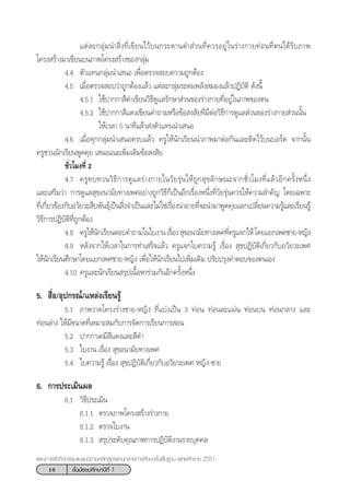 16 ™—Èπ¡—∏¬¡»÷°…“ªï∑’Ë 1
·ºπ°“√®—¥°‘®°√√¡·π–·π«µ“¡À≈—° Ÿµ√·°π°≈“ß°“√»÷°…“¢—Èπæ◊Èπ∞“π æÿ∑∏»—°√“™ 2551
·µà≈–°≈ÿà¡π” ‘Ëß∑’Ë‡¢’¬π‰«â∫π°√–¥“π¥” à«π∑’Ë§«√Õ¬Ÿà„π√à“ß°“¬∑àÕπ∑’Ëµπ‰¥â√—∫¿“æ
‚§√ß √â“ß¡“‡¢’¬π∫π¿“æ‚§√ß √â“ß¢Õß°≈ÿà¡
4.4 µ—«·∑π°≈ÿà¡π”‡ πÕ ‡æ◊ËÕµ√«® Õ∫§«“¡∂Ÿ°µâÕß
4.5 ‡¡◊ËÕµ√«® Õ∫«à“∂Ÿ°µâÕß·≈â« ·µà≈–°≈ÿà¡√–¥¡æ≈—ß ¡Õß·≈â«ªØ‘∫—µ‘ ¥—ßπ’È
4.5.1 „™âª“°°“ ’¥”‡¢’¬π«‘∏’¥Ÿ·≈√—°…“ à«π¢Õß√à“ß°“¬∑’ËÕ¬Ÿà„π¿“æ¢Õßµπ
4.5.2 „™âª“°°“ ’·¥ß‡¢’¬π§”∂“¡À√◊Õ¢âÕ ß —¬∑’Ë¡’µàÕ«‘∏’°“√¥Ÿ·≈ à«π¢Õß√à“ß°“¬ à«ππ—Èπ
„Àâ‡«≈“ 5 π“∑’·≈â« àßµ—«·∑ππ”‡ πÕ
4.6 ‡¡◊ËÕ∑ÿ°°≈ÿà¡π”‡ πÕ§√∫·≈â« §√Ÿ„Àâπ—°‡√’¬ππ”¿“æ¡“µàÕ°—π·≈–µ‘¥‰«â∫π∫Õ√å¥ ®“°π—Èπ
§√Ÿ™«ππ—°‡√’¬πæŸ¥§ÿ¬ ‡ πÕ·π–‡æ‘Ë¡‡µ‘¡¢âÕ ß —¬
™—Ë«‚¡ß∑’Ë 2
4.7 §√Ÿ∑∫∑«π«‘∏’°“√¥Ÿ·≈√à“ß°“¬„π«—¬√ÿàπ„Àâ∂Ÿ° ÿ¢≈—°…≥–®“°™—Ë«‚¡ß∑’Ë·≈â«Õ’°§√—ÈßÀπ÷Ëß
·≈–‡ √‘¡«à“ °“√¥Ÿ·≈ ÿ¢Õπ“¡—¬∑“ß‡æ»Õ¬à“ß∂Ÿ°«‘∏’°Á‡ªìπÕ’°‡√◊ËÕßÀπ÷Ëß∑’Ë«—¬√ÿàπ§«√„Àâ§«“¡ ”§—≠ ‚¥¬‡©æ“–
∑’Ë‡°’Ë¬«¢âÕß°—∫Õ«—¬«– ◊∫æ—π∏åÿ‡ªìπ ‘Ëß®”‡ªìπ·≈–‰¡à„™à‡√◊ËÕßπà“Õ“¬∑’Ë®–π”¡“æŸ¥§ÿ¬·≈°‡ª≈’Ë¬π§«“¡√Ÿâ·≈–‡√’¬π√Ÿâ
«‘∏’°“√ªØ‘∫—µ‘∑’Ë∂Ÿ°µâÕß
4.8 §√Ÿ„Àâπ—°‡√’¬πµÕ∫§”∂“¡„π„∫ß“π‡√◊ËÕß ÿ¢Õπ“¡—¬∑“ß‡æ»∑’Ë§√Ÿ·®°„Àâ‚¥¬·¬°‡æ»™“¬-À≠‘ß
4.9 À≈—ß®“°„Àâ‡«≈“„π°“√∑”‡ √Á®·≈â« §√Ÿ·®°„∫§«“¡√Ÿâ ‡√◊ËÕß  ÿ¢ªØ‘∫—µ‘‡°’Ë¬«°—∫Õ«—¬«–‡æ»
„Àâπ—°‡√’¬π»÷°…“‚¥¬·¬°‡æ»™“¬-À≠‘ß ‡æ◊ËÕ„Àâπ—°‡√’¬π‰ª‡æ‘Ë¡‡µ‘¡ ª√—∫ª√ÿß§”µÕ∫¢Õßµπ‡Õß
4.10 §√Ÿ·≈–π—°‡√’¬π √ÿª‡π◊ÈÕÀ“√à«¡°—πÕ’°§√—ÈßÀπ÷Ëß
5.  ◊ËÕ/Õÿª°√≥å/·À≈àß‡√’¬π√Ÿâ
5.1 ¿“æ«“¥‚§√ß√à“ß™“¬-À≠‘ß ∑’Ë·∫àß‡ªìπ 3 ∑àÕπ ∑àÕπ≈–·ºàπ ∑àÕπ∫π ∑àÕπ°≈“ß ·≈–
∑àÕπ≈à“ß „Àâ¡’¢π“¥∑’Ë‡À¡“– ¡°—∫°“√®—¥°“√‡√’¬π°“√ Õπ
5.2 ª“°°“‡§¡’ ’·¥ß·≈– ’¥”
5.3 „∫ß“π ‡√◊ËÕß  ÿ¢Õπ“¡—¬∑“ß‡æ»
5.4 „∫§«“¡√Ÿâ ‡√◊ËÕß  ÿ¢ªØ‘∫—µ‘‡°’Ë¬«°—∫Õ«—¬«–‡æ» À≠‘ß-™“¬
6. °“√ª√–‡¡‘πº≈
6.1 «‘∏’ª√–‡¡‘π
6.1.1 µ√«®¿“æ‚§√ß √â“ß√à“ß°“¬
6.1.2 µ√«®„∫ß“π
6.1.3  √ÿª√–¥—∫§ÿ≥¿“æ°“√ªØ‘∫—µ‘ß“π√“¬∫ÿ§§≈
 