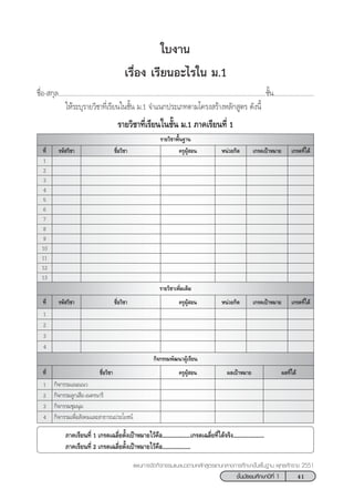 41™—Èπ¡—∏¬¡»÷°…“ªï∑’Ë 1
·ºπ°“√®—¥°‘®°√√¡·π–·π«µ“¡À≈—° Ÿµ√·°π°≈“ß°“√»÷°…“¢—Èπæ◊Èπ∞“π æÿ∑∏»—°√“™ 2551
∑’Ë
√“¬«‘™“æ◊Èπ∞“π
„∫ß“π
‡√◊ËÕß ‡√’¬πÕ–‰√„π ¡.1
™◊ËÕ- °ÿ≈...........................................................................................................................™—Èπ........................
„Àâ√–∫ÿ√“¬«‘™“∑’Ë‡√’¬π„π™—Èπ ¡.1 ®”·π°ª√–‡¿∑µ“¡‚§√ß √â“ßÀ≈—° Ÿµ√ ¥—ßπ’È
√“¬«‘™“∑’Ë‡√’¬π„π™—Èπ ¡.1 ¿“§‡√’¬π∑’Ë 1
√À— «‘™“ ™◊ËÕ«‘™“ §√ŸºŸâ Õπ Àπà«¬°‘µ ‡°√¥‡ªÑ“À¡“¬ ‡°√¥∑’Ë‰¥â
1
2
3
4
5
6
7
8
9
10
11
12
13
∑’Ë
√“¬«‘™“‡æ‘Ë¡‡µ‘¡
√À— «‘™“ ™◊ËÕ«‘™“ §√ŸºŸâ Õπ Àπà«¬°‘µ ‡°√¥‡ªÑ“À¡“¬ ‡°√¥∑’Ë‰¥â
1
2
3
4
∑’Ë
°‘®°√√¡æ—≤π“ºŸâ‡√’¬π
™◊ËÕ«‘™“ §√ŸºŸâ Õπ º≈‡ªÑ“À¡“¬ º≈∑’Ë‰¥â
1 °‘®°√√¡·π–·π«
2 °‘®°√√¡≈Ÿ°‡ ◊Õ-‡πµ√π“√’
3 °‘®°√√¡™ÿ¡πÿ¡
4 °‘®°√√¡‡æ◊ËÕ —ß§¡·≈– “∏“√≥ª√–‚¬™πå
¿“§‡√’¬π∑’Ë 1 ‡°√¥‡©≈’Ë¬µ—Èß‡ªÑ“À¡“¬‰«â§◊Õ...................‡°√¥‡©≈’Ë¬∑’Ë‰¥â®√‘ß.....................
¿“§‡√’¬π∑’Ë 2 ‡°√¥‡©≈’Ë¬µ—Èß‡ªÑ“À¡“¬‰«â§◊Õ...................
 