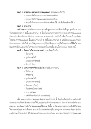 µÕπ∑’Ë 3 µ—«Õ¬à“ß°“√ÕÕ°·∫∫°‘®°√√¡·π–·π« ¡’√“¬≈–‡Õ’¬¥‡°’Ë¬«°—∫
- °√Õ∫°“√®—¥°‘®°√√¡·π–·π«√–¥—∫ª√–∂¡»÷°…“
- °√Õ∫°“√®—¥°‘®°√√¡·π–·π«√–¥—∫¡—∏¬¡»÷°…“
- ‚§√ß √â“ß°‘®°√√¡·π–·π« ™—Èπª√–∂¡»÷°…“ªï∑’Ë 1 ∂÷ß™—Èπ¡—∏¬¡»÷°…“ªï∑’Ë 6
µÕπ∑’Ë 4 ∫∑ àß∑â“¬
‡≈à¡∑’Ë2-13·ºπ°“√®—¥°‘®°√√¡·π–·π«µ“¡À≈—° Ÿµ√·°π°≈“ß°“√»÷°…“¢—Èπæ◊Èπ∞“πæÿ∑∏»—°√“™2551
™—Èπª√–∂¡»÷°…“ªï∑’Ë 1 ∂÷ß™—Èπ¡—∏¬¡»÷°…“ªï∑’Ë 6 ´÷Ëß¡’¢—ÈπµÕπ‡√‘Ë¡®“°«‘‡§√“–Àå«—µ∂ÿª√– ß§å°‘®°√√¡·π–·π«
°”Àπ¥ª√–‡¥ÁπÀ≈—°„π°“√®—¥°‘®°√√¡·π–·π« °”Àπ¥®ÿ¥ª√– ß§å™—Èπªï ‡æ◊ËÕ‡ªìπ°√Õ∫„π°“√®—¥∑”
‚§√ß √â“ß°‘®°√√¡·π–·π« ™—Èπª√–∂¡»÷°…“ªï∑’Ë 1 ∂÷ß™—Èπ¡—∏¬¡»÷°…“ªï∑’Ë 6 ·≈â«®÷ßÕÕ°·∫∫·ºπ°“√®—¥
°‘®°√√¡·π–·π« ‡æ◊ËÕ‡ªìπµ—«Õ¬à“ß„Àâ§√Ÿ·π–·π«/§√Ÿ∑’Ë∑”Àπâ“∑’Ë·π–·π«/§√Ÿ∑’Ë‰¥â√—∫¡Õ∫À¡“¬„Àâ®—¥°‘®°√√¡
·π–·π«π”‰ª„™â/ª√–¬ÿ°µå„™â„π°“√®—¥°‘®°√√¡·π–·π«„π·µà≈–™—Èπ ·∫àß‡π◊ÈÕÀ“ÕÕ°‡ªìπ 2 µÕπ ¥—ßπ’È
µÕπ∑’Ë 1 ‚§√ß √â“ß°‘®°√√¡·π–·π« ¡’√“¬≈–‡Õ’¬¥‡°’Ë¬«°—∫
- ™◊ËÕ°‘®°√√¡
- ®ÿ¥ª√– ß§å™—Èπªï
- ®ÿ¥ª√– ß§å°“√‡√’¬π√Ÿâ
- ®”π«π™—Ë«‚¡ß
µÕπ∑’Ë 2 ·ºπ°“√®—¥°‘®°√√¡·π–·π« ¡’√“¬≈–‡Õ’¬¥‡°’Ë¬«°—∫
- ™◊ËÕ°‘®°√√¡
-  “√– ”§—≠
- ®ÿ¥ª√– ß§å™—Èπªï
- ®ÿ¥ª√– ß§å°“√‡√’¬π√Ÿâ
- °‘®°√√¡°“√‡√’¬π√Ÿâ
-  ◊ËÕ/Õÿª°√≥å/·À≈àß‡√’¬π√Ÿâ
- °“√ª√–‡¡‘πº≈
- ·À≈àß»÷°…“§âπ§«â“‡æ‘Ë¡‡µ‘¡ ”À√—∫§√Ÿ
Õπ÷Ëß ·ºπ°“√®—¥°‘®°√√¡·π–·π«„π‡Õ° “√‡≈à¡∑’Ë 2-13 π’È ‡ªìπ‡æ’¬ßµ—«Õ¬à“ß°‘®°√√¡∑’Ë™à«¬„Àâ
§√Ÿ·π–·π«/§√Ÿ∑’Ë∑”Àπâ“∑’Ë·π–·π«/§√Ÿ∑’Ë‰¥â√—∫¡Õ∫À¡“¬„Àâ®—¥°‘®°√√¡·π–·π« ¡’·π«∑“ß„π°“√®—¥°‘®°√√¡
·π–·π« ·≈–¡’·ºπ°“√®—¥°‘®°√√¡·π–·π«∑’Ë™—¥‡®π ¥—ßπ—Èπ ºŸâ„™â “¡“√∂„™â/‡≈◊Õ°„™â/ª√—∫„™â°‘®°√√¡
‰¥âµ“¡ ¿“æªí≠À“ §«“¡µâÕß°“√ §«“¡ π„® ∏√√¡™“µ‘¢ÕßºŸâ‡√’¬π√“¬∫ÿ§§≈  ¡√√∂π– ”§—≠¢ÕßºŸâ‡√’¬π
§ÿ≥≈—°…≥–∑’Ëæ÷ßª√– ß§å «‘ —¬∑—»πå·≈–‡ªÑ“À¡“¬¢Õß ∂“π»÷°…“ ·≈–§√Õ∫§≈ÿ¡¢Õ∫¢à“¬°“√·π–·π«
 