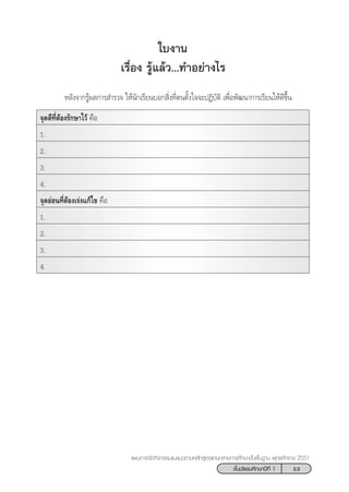 53™—Èπ¡—∏¬¡»÷°…“ªï∑’Ë 1
·ºπ°“√®—¥°‘®°√√¡·π–·π«µ“¡À≈—° Ÿµ√·°π°≈“ß°“√»÷°…“¢—Èπæ◊Èπ∞“π æÿ∑∏»—°√“™ 2551
„∫ß“π
‡√◊ËÕß √Ÿâ·≈â«...∑”Õ¬à“ß‰√
À≈—ß®“°√Ÿâº≈°“√ ”√«® „Àâπ—°‡√’¬π∫Õ° ‘Ëß∑’Ëµπµ—Èß„®®–ªØ‘∫—µ‘ ‡æ◊ËÕæ—≤π“°“√‡√’¬π„Àâ¥’¢÷Èπ
®ÿ¥¥’∑’ËµâÕß√—°…“‰«â §◊Õ
1.
2.
3.
4.
®ÿ¥ÕàÕπ∑’ËµâÕß‡√àß·°â‰¢ §◊Õ
1.
2.
3.
4.
 