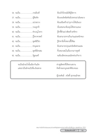 73™—Èπ¡—∏¬¡»÷°…“ªï∑’Ë 1
·ºπ°“√®—¥°‘®°√√¡·π–·π«µ“¡À≈—° Ÿµ√·°π°≈“ß°“√»÷°…“¢—Èπæ◊Èπ∞“π æÿ∑∏»—°√“™ 2551
36. ®–‡ªìπ...........................ß“πµâÕß¥’ µâÕß‡√Á«√’Ëª√ππ‘∫—µ‘ºŸâ®—¥°“√
37. ®–‡ªìπ...........................ºŸâ —π∑—¥ µâÕß‡®π®—¥ —¡æ—π∏åª√–™“Õ¬à“‡¡‘πÀ¡“ß
38. ®–‡ªìπ...........................Õ¬à“≈–«“ß µâÕß‡ √‘¡ √â“ß∫”√ÿß°“¬„Àâ·¢Áß·√ß
39. ®–‡ªìπ...........................√«¬≈Ÿ°§â“ ‡√◊ËÕß π∑π“µâÕß§ÿ¬‰¥âÀ≈“¬·¢πß
40. ®–‡ªìπ...........................™”π“≠‚«À“√ √Ÿâ®—°™’Èµ—«Õ¬à“ß™—¥ √â“ß»√—∑√“
41. ®–‡ªìπ...........................√Ÿâ‚À√“»“ µ√å µâÕß “¡“√∂∑“¬∂÷ß·°àπ·¡àπÀπ—°Àπ“
42. ®–‡ªìπ...........................æŸ¥¥’¡’«‘™“ √Ÿâ®—°§à“ ‘Ëß∑—ÈßÀ≈“¬™’È„Àâ™¡
43. ®–‡ªìπ...........................™“≠©≈“¥ µâÕß “¡“√∂ª√ÿß·µàß®—¥ —¥ à«πº ¡
44. ®–‡ªìπ...........................æŸ¥¥’¡’§π™¡ ∑—Èß‡À¡“– ¡„π‡√◊ËÕßß“π°“√∑Ÿµ¥’
45. ®–‡ªìπ...........................√—∞¡πµ√’ ®–µâÕß¡’æ√√§·≈–¡‘µ√™à«¬°‘®°“√
®–‡ªìππ—°Õ–‰√π—Èπ‡≈◊Õ°°—π‡∂‘¥ µà“ß™Ÿ‡™‘¥™“µ‘‰¥âÀ≈“¬ ∂“π
·µàÕ¬à“‡ªìππ—°§Õ√—ª™—Ëπ-Õ—π∏æ“≈ §‘¥≈â“ßº≈“≠®π™“µ‘æ‘π“»‡Õ¬
ºŸâª√–æ—π∏å :  «— ¥‘Ï  ÿ«√√≥Õ—°…√
 