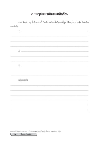 74 ™—Èπ¡—∏¬¡»÷°…“ªï∑’Ë 1
·ºπ°“√®—¥°‘®°√√¡·π–·π«µ“¡À≈—° Ÿµ√·°π°≈“ß°“√»÷°…“¢—Èπæ◊Èπ∞“π æÿ∑∏»—°√“™ 2551
·∫∫ √ÿª§«“¡§‘¥¢Õßπ—°‡√’¬π
®“°Õ“™’æµà“ß Ê ∑’Ë‰¥â‡ πÕ¡“π’È π—°‡√’¬π π„®Õ“™’æ„¥¡“°∑’Ë ÿ¥ „Àâ√–∫ÿ¡“ 3 Õ“™’æ ‚¥¬‡√’¬ß
µ“¡≈”¥—∫
1) ...........................................................................................................................................
.................................................................................................................................................................
.................................................................................................................................................................
.................................................................................................................................................................
2) ...........................................................................................................................................
.................................................................................................................................................................
.................................................................................................................................................................
3) ...........................................................................................................................................
.................................................................................................................................................................
.................................................................................................................................................................
‡Àµÿº≈‡æ√“–
.................................................................................................................................................................
.................................................................................................................................................................
.................................................................................................................................................................
.................................................................................................................................................................
.................................................................................................................................................................
.................................................................................................................................................................
 