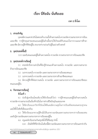 84 ™—Èπ¡—∏¬¡»÷°…“ªï∑’Ë 1
·ºπ°“√®—¥°‘®°√√¡·π–·π«µ“¡À≈—° Ÿµ√·°π°≈“ß°“√»÷°…“¢—Èπæ◊Èπ∞“π æÿ∑∏»—°√“™ 2551
‡√◊ËÕß π’Ë§◊Õ©—π π—Ëπ§◊Õ‡∏Õ
‡«≈“ 2 ™—Ë«‚¡ß
1.  “√– ”§—≠
∫ÿ§§≈¡’§«“¡·µ°µà“ß°—π„πÀ≈“¬¥â“π√«¡∑—Èß¥â“π§«“¡ π„®§«“¡∂π—¥§«“¡ “¡“√∂∑“ß°“√‡√’¬π
·≈–Õ“™’æ °“√√Ÿâ®—°§ÿ≥§à“¢Õßµπ‡Õß·≈–ºŸâÕ◊Ëπ¥â“ππ’È®–°àÕ„Àâ‡°‘¥º≈¥’°—∫µπ‡Õß„π°“√«“ß·ºπ°“√»÷°…“
·≈–Õ“™’æ ¡’§«“¡√Ÿâ ÷°∑’Ë¥’µàÕºŸâÕ◊Ëπ  “¡“√∂∑”ß“π√à«¡°—∫ºŸâÕ◊ËπÕ¬à“ß √â“ß √√§å
2. ®ÿ¥ª√– ß§å™—Èπªï
1.6.1 ¬Õ¡√—∫µπ‡Õß·≈–ºŸâÕ◊Ëπ¥â“π§«“¡ π„® §«“¡∂π—¥ §«“¡ “¡“√∂∑“ß°“√‡√’¬π·≈–Õ“™’æ
3. ®ÿ¥ª√– ß§å°“√‡√’¬π√Ÿâ
3.1 µ√–Àπ—°∂÷ß§«“¡®”‡ªìπ∑’ËµâÕß√Ÿâ®—°µπ‡Õß¥â“π§«“¡ π„® §«“¡∂π—¥ ·≈–§«“¡ “¡“√∂
¥â“π°“√‡√’¬π·≈–Õ“™’æ
3.2 ∫Õ°§«“¡ π„® §«“¡∂π—¥ ·≈–§«“¡ “¡“√∂∑“ß°“√‡√’¬π¢Õßµπ‡Õß
3.3 ∫Õ°§«“¡ π„® §«“¡∂π—¥ ·≈–§«“¡ “¡“√∂∑“ß¥â“πÕ“™’æ¢Õßµπ‡Õß
3.4 ¡’§«“¡√Ÿâ ÷°∑’Ë¥’µàÕ§«“¡ π„® §«“¡∂π—¥ ·≈–§«“¡ “¡“√∂∑“ß°“√‡√’¬π·≈–Õ“™’æ¢Õß
µπ‡Õß·≈–ºŸâÕ◊Ëπ
4. °‘®°√√¡°“√‡√’¬π√Ÿâ
™—Ë«‚¡ß∑’Ë 1
4.1 π”‡¢â“ Ÿà∫∑‡√’¬π‚¥¬Õ∏‘∫“¬„Àâπ—°‡√’¬π‡¢â“„®«à“ °“√√Ÿâ®—°µπ‡Õß·≈–ºŸâÕ◊Ëπ¥â“π§«“¡ π„®
§«“¡∂π—¥ §«“¡ “¡“√∂‡ªìπ‡√◊ËÕß∑’Ë®”‡ªìπ„π°“√¥”√ß™’«‘µªí®®ÿ∫—π·≈–Õπ“§µ
4.2 „Àâπ—°‡√’¬π∫Õ°«‘™“∑’Ë‡√’¬π‰¥â¥’·≈–¡’§«“¡ ÿ¢„π°“√‡√’¬π∑’≈–§π®π§√∫∑ÿ°§π
·≈–„Àâµ—Èß„®øíß∑’Ë‡æ◊ËÕπ∫Õ°¥â«¬
4.3 „Àâπ—°‡√’¬π∫Õ°§«“¡√Ÿâ ÷°‡¡◊ËÕ‰¥â∫Õ°§«“¡∂π—¥·≈–§«“¡ “¡“√∂∑“ß°“√‡√’¬π¢Õßµπ
·≈–√—∫√Ÿâ§«“¡∂π—¥·≈–§«“¡ “¡“√∂∑“ß°“√‡√’¬π¢ÕßºŸâÕ◊Ëπ
4.4 §√Ÿ·≈–π—°‡√’¬π√à«¡°—π √ÿª‡æ◊ËÕ„Àâ‰¥â¢âÕ √ÿª ¥—ßπ’È
4.4.1 ‡ªìπ ‘Ëß∑’Ë¥’∑’Ëπ—°‡√’¬π„πÀâÕßπ’È¡’§«“¡∂π—¥·≈–§«“¡ “¡“√∂∑“ß°“√‡√’¬π·µ°µà“ß°—π
 