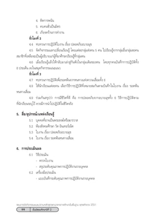 98 ™—Èπ¡—∏¬¡»÷°…“ªï∑’Ë 2
·ºπ°“√®—¥°‘®°√√¡·π–·π«µ“¡À≈—° Ÿµ√·°π°≈“ß°“√»÷°…“¢—Èπæ◊Èπ∞“π æÿ∑∏»—°√“™ 2551
4. µ‘¥°“√æπ—π
5. §∫§π™—Ë«‡ªìπ¡‘µ√
6. ‡°’¬®§√â“π°“√∑”ß“π
™—Ë«‚¡ß∑’Ë 2
4.4 ∑∫∑«π°“√ªØ‘∫—µ‘„∫ß“π ‡√◊ËÕß ª≈Õ¥¿—¬Õ∫“¬¡ÿ¢
4.5 ®—¥°‘®°√√¡·≈°‡ª≈’Ë¬π‡√’¬π√Ÿâ ‚¥¬·µà≈–°≈ÿà¡ àß§π 5 §π ‰ª‡√’¬π√Ÿâ®“°°≈ÿà¡Õ◊Ëπ°≈ÿà¡≈–§π
 ¡“™‘°∑’Ë‡À≈◊Õ®–‡ªìπºŸâÕ∏‘∫“¬·°àºŸâ∑’Ë¡“»÷°…“‡√’¬π√Ÿâ∑’Ë°≈ÿà¡µπ
4.6 ‡¡◊ËÕ‡√’¬π√Ÿâ·≈â«„Àâ°≈—∫¡“‡≈à“ Ÿà°—πøíß„π°≈ÿà¡‡¥‘¡¢Õßµπ ‚¥¬∑ÿ°§π∫—π∑÷°°“√ªØ‘∫—µ‘∑—Èß
6 ª√–‡¥Áπ ≈ß„π ¡ÿ¥°‘®°√√¡·π–·π«
™—Ë«‚¡ß∑’Ë 3
4.7 ∑∫∑«π°“√ªØ‘∫—µ‘‡æ◊ËÕ√Õ¥æâπ®“°Àπ∑“ß·Ààß§«“¡‡ ◊ËÕ¡∑—Èß 6
4.8 „Àâπ—°‡√’¬π·µà≈–§π ‡≈◊Õ°«‘∏’°“√ªØ‘∫—µ‘∑’Ë‡À¡“– ¡°—πµ“¡∫—π∑÷°„π„∫ß“π ‡√◊ËÕß √Õ¥æâπ
Àπ∑“ß‡ ◊ËÕ¡
4.9 √à«¡°—π √ÿª«à“ °“√¡’™’«‘µ∑’Ë¥’ §◊Õ °“√ª≈Õ¥¿—¬®“°Õ∫“¬¡ÿ¢∑—Èß 6 «‘∏’°“√ªØ‘∫—µ‘µ“¡
∑’Ëπ—°‡√’¬π√–∫ÿ‰«â §«√¡’°“√π”‰ªªØ‘∫—µ‘„π™’«‘µ®√‘ß
5.  ◊ËÕ/Õÿª°√≥å/·À≈àß‡√’¬π√Ÿâ
5.1 ∫ÿ§§≈∑’ËÕ“®‡ªìπæ√– ß¶åÀ√◊Õ¶“√«“ 
5.2 ÀâÕß —ß§¡»÷°…“ «—¥ Õ‘π‡∑Õ√å‡πÁµ
5.3 „∫ß“π ‡√◊ËÕß ª≈Õ¥¿—¬Õ∫“¬¡ÿ¢
5.4 „∫ß“π ‡√◊ËÕß √Õ¥æâπÀπ∑“ß‡ ◊ËÕ¡
6. °“√ª√–‡¡‘πº≈
6.1 «‘∏’ª√–‡¡‘π
- µ√«®„∫ß“π
-  √ÿª√–¥—∫§ÿ≥¿“æ°“√ªØ‘∫—µ‘ß“π√“¬∫ÿ§§≈
6.2 ‡§√◊ËÕß¡◊Õª√–‡¡‘π
- ·∫∫∫—π∑÷°√–¥—∫§ÿ≥¿“æ°“√ªØ‘∫—µ‘ß“π√“¬∫ÿ§§≈
 