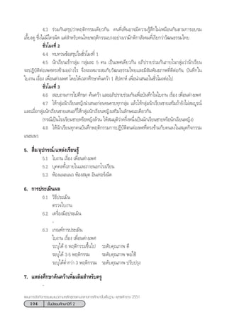 104 ™—Èπ¡—∏¬¡»÷°…“ªï∑’Ë 2
·ºπ°“√®—¥°‘®°√√¡·π–·π«µ“¡À≈—° Ÿµ√·°π°≈“ß°“√»÷°…“¢—Èπæ◊Èπ∞“π æÿ∑∏»—°√“™ 2551
4.3 √à«¡°—π √ÿª«à“æƒµ‘°√√¡‡¥’¬«°—π §π∑’Ë‡ÀÁπÕ“®¡’§«“¡√Ÿâ ÷°‰¡à‡À¡◊Õπ°—πµ“¡°“√Õ∫√¡
‡≈’È¬ß¥Ÿ ´÷Ëß‰¡à¡’„§√º‘¥ ·µà ”À√—∫§π‰∑¬æƒµ‘°√√¡∫“ßÕ¬à“ß‡√“¡’°µ‘°“ —ß§¡∑’Ë‡√’¬°«à“«—≤π∏√√¡‰∑¬
™—Ë«‚¡ß∑’Ë 2
4.4 ∑∫∑«π¢âÕ √ÿª„π™—Ë«‚¡ß∑’Ë 1
4.5 π—°‡√’¬π‡¢â“°≈ÿà¡ °≈ÿà¡≈– 5 §π ‡ªìπ‡æ»‡¥’¬«°—π Õ¿‘ª√“¬√à«¡°—π¿“¬„π°≈ÿà¡«à“π—°‡√’¬π
®–ªØ‘∫—µ‘µàÕ‡æ»µ√ß¢â“¡Õ¬à“ß‰√ ®÷ß®–‡À¡“– ¡°—∫«—≤π∏√√¡‰∑¬·≈–¡’ —¡æ—π∏¿“æ∑’Ë¥’µàÕ°—π ∫—π∑÷°„π
„∫ß“π ‡√◊ËÕß ‡æ◊ËÕπµà“ß‡æ» ‚¥¬„Àâ‡«≈“»÷°…“§âπ§«â“ 1  —ª¥“Àå ‡æ◊ËÕπ”‡ πÕ„π™—Ë«‚¡ßµàÕ‰ª
™—Ë«‚¡ß∑’Ë 3
4.6  Õ∫∂“¡°“√‰ª»÷°…“ §âπ§«â“ ·≈–Õ¿‘ª√“¬√à«¡°—π‡æ◊ËÕ∫—π∑÷°„π„∫ß“π ‡√◊ËÕß ‡æ◊ËÕπµà“ß‡æ»
4.7 „Àâ°≈ÿà¡π—°‡√’¬πÀ≠‘ßπ”‡ πÕ°àÕπ®π§√∫∑ÿ°°≈ÿà¡ ·≈â«„Àâ°≈ÿà¡π—°‡√’¬π™“¬‡ √‘¡∂â“¬—ß‰¡à ¡∫Ÿ√≥å
·≈–‡¡◊ËÕ°≈ÿà¡π—°‡√’¬π™“¬‡ πÕ°Á„Àâ°≈ÿà¡π—°‡√’¬πÀ≠‘ß‡ √‘¡„π≈—°…≥–‡¥’¬«°—π
(°√≥’‡ªìπ‚√ß‡√’¬π™“¬À√◊ÕÀ≠‘ß≈â«π „Àâ ¡¡ÿµ‘«à“§√÷ËßÀπ÷Ëß‡ªìππ—°‡√’¬π™“¬À√◊Õπ—°‡√’¬πÀ≠‘ß)
4.8 „Àâπ—°‡√’¬π∑ÿ°§π∫—π∑÷°æƒµ‘°√√¡°“√ªØ‘∫—µ‘µπµàÕ‡æ»∑’Ëµ√ß¢â“¡°—∫§π≈ß„π ¡ÿ¥°‘®°√√¡
·π–·π«
5.  ◊ËÕ/Õÿª°√≥å/·À≈àß‡√’¬π√Ÿâ
5.1 „∫ß“π ‡√◊ËÕß ‡æ◊ËÕπµà“ß‡æ»
5.2 ∫ÿ§§≈∑—Èß¿“¬„π·≈–¿“¬πÕ°‚√ß‡√’¬π
5.3 ÀâÕß·π–·π« ÀâÕß ¡ÿ¥ Õ‘π‡∑Õ√å‡πÁµ
6. °“√ª√–‡¡‘πº≈
6.1 «‘∏’ª√–‡¡‘π
µ√«®„∫ß“π
6.2 ‡§√◊ËÕß¡◊Õª√–‡¡‘π
-
6.3 ‡°≥±å°“√ª√–‡¡‘π
„∫ß“π ‡√◊ËÕß ‡æ◊ËÕπµà“ß‡æ»
√–∫ÿ‰¥â 6 æƒµ‘°√√¡¢÷Èπ‰ª √–¥—∫§ÿ≥¿“æ ¥’
√–∫ÿ‰¥â 3-5 æƒµ‘°√√¡ √–¥—∫§ÿ≥¿“æ æÕ„™â
√–∫ÿ‰¥âµË”°«à“ 3 æƒµ‘°√√¡ √–¥—∫§ÿ≥¿“æ ª√—∫ª√ÿß
7. ·À≈àß»÷°…“§âπ§«â“‡æ‘Ë¡‡µ‘¡ ”À√—∫§√Ÿ
-
 