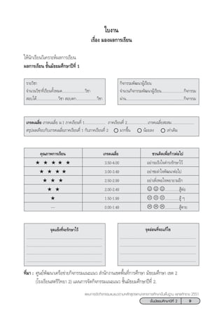 9™—Èπ¡—∏¬¡»÷°…“ªï∑’Ë 2
·ºπ°“√®—¥°‘®°√√¡·π–·π«µ“¡À≈—° Ÿµ√·°π°≈“ß°“√»÷°…“¢—Èπæ◊Èπ∞“π æÿ∑∏»—°√“™ 2551
„∫ß“π
‡√◊ËÕß ¡Õßº≈°“√‡√’¬π
„Àâπ—°‡√’¬π«‘‡§√“–Àåº≈°“√‡√’¬π
º≈°“√‡√’¬π ™—Èπ¡—∏¬¡»÷°…“ªï∑’Ë 1
√“¬«‘™“
®”π«π«‘™“∑’Ë‡√’¬π∑—ÈßÀ¡¥........................«‘™“
 Õ∫‰¥â.......................«‘™“  Õ∫µ°......................«‘™“
°‘®°√√¡æ—≤π“ºŸâ‡√’¬π
®”π«π°‘®°√√¡æ—≤π“ºŸâ‡√’¬π........................°‘®°√√¡
ºà“π.............................................................°‘®°√√¡
‡°√¥‡©≈’Ë¬ ‡°√¥‡©≈’Ë¬ ¡.1 ¿“§‡√’¬π∑’Ë 1...................... ¿“§‡√’¬π∑’Ë 2......................‡°√¥‡©≈’Ë¬ – ¡........................
 √ÿªº≈‡∑’¬∫°—∫‡°√¥‡©≈’Ë¬¿“§‡√’¬π∑’Ë 1 °—∫¿“§‡√’¬π∑’Ë 2 ¡“°¢÷Èπ πâÕ¬≈ß ‡∑à“‡¥‘¡
§ÿ≥¿“æ°“√‡√’¬π ‡°√¥‡©≈’Ë¬ ™«π§‘¥‡æ◊ËÕ°â“«µàÕ‰ª
3.50-4.00 Õ¬à“√–‡√‘ß„®¥”√ß√—°…“‰«â
3.00-3.49 Õ¬à“™–≈à“„®æ—≤π“µàÕ‰ª
2.50-2.99 Õ¬à“‡æ‘ËßæÕ„®æ¬“¬“¡Õ’°
2.00-2.49 ☺ ☺ ☺............... ŸâµàÕ
1.50-1.99 ............... Ÿâ Ê
--- 0.00-1.49 ............... Ÿâµ“¬
®ÿ¥·¢Áß∑’Ë®–√—°…“‰«â
................................................................................
................................................................................
................................................................................
................................................................................
®ÿ¥ÕàÕπ∑’Ë®–·°â‰¢
................................................................................
................................................................................
................................................................................
................................................................................
∑’Ë¡“ : »Ÿπ¬åæ—≤π“‡§√◊Õ¢à“¬°‘®°√√¡·π–·π«  ”π—°ß“π‡¢µæ◊Èπ∑’Ë°“√»÷°…“ ¡—∏¬¡»÷°…“ ‡¢µ 2
(‚√ß‡√’¬π µ√’«‘∑¬“ 2) ·ºπ°“√®—¥°‘®°√√¡·π–·π« ™—Èπ¡—∏¬¡»÷°…“ªï∑’Ë 2.
 