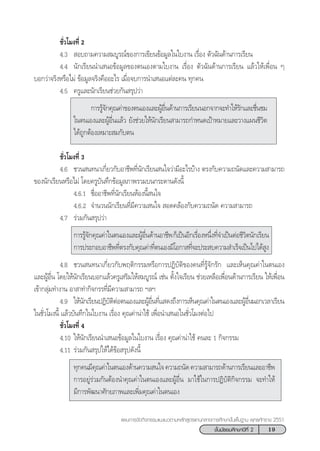 19™—Èπ¡—∏¬¡»÷°…“ªï∑’Ë 2
·ºπ°“√®—¥°‘®°√√¡·π–·π«µ“¡À≈—° Ÿµ√·°π°≈“ß°“√»÷°…“¢—Èπæ◊Èπ∞“π æÿ∑∏»—°√“™ 2551
™—Ë«‚¡ß∑’Ë 2
4.3  Õ∫∂“¡§«“¡ ¡∫Ÿ√≥å¢Õß°“√‡¢’¬π¢âÕ¡Ÿ≈„π„∫ß“π ‡√◊ËÕß µ—«©—π¥â“π°“√‡√’¬π
4.4 π—°‡√’¬ππ”‡ πÕ¢âÕ¡Ÿ≈¢Õßµπ‡Õßµ“¡„∫ß“π ‡√◊ËÕß µ—«©—π¥â“π°“√‡√’¬π ·≈â«„Àâ‡æ◊ËÕπ Ê
∫Õ°«à“®√‘ßÀ√◊Õ‰¡à ¢âÕ¡Ÿ≈®√‘ß§◊ÕÕ–‰√ ‡¡◊ËÕ®∫°“√π”‡ πÕ·µà≈–§π ∑ÿ°§π
4.5 §√Ÿ·≈–π—°‡√’¬π™à«¬°—π √ÿª«à“
°“√√Ÿâ®—°§ÿ≥§à“¢Õßµπ‡Õß·≈–ºŸâÕ◊Ëπ¥â“π°“√‡√’¬ππÕ°®“°®–∑”„Àâ√—°·≈–™◊Ëπ™¡
„πµπ‡Õß·≈–ºŸâÕ◊Ëπ·≈â« ¬—ß™à«¬„Àâπ—°‡√’¬π “¡“√∂°”Àπ¥‡ªÑ“À¡“¬·≈–«“ß·ºπ™’«‘µ
‰¥â∂Ÿ°µâÕß‡À¡“– ¡°—∫µπ
™—Ë«‚¡ß∑’Ë 3
4.6 ™«π π∑π“‡°’Ë¬«°—∫Õ“™’æ∑’Ëπ—°‡√’¬π π„®«à“¡’Õ–‰√∫â“ß µ√ß°—∫§«“¡∂π—¥·≈–§«“¡ “¡“√∂
¢Õßπ—°‡√’¬πÀ√◊Õ‰¡à ‚¥¬§√Ÿ∫—π∑÷°¢âÕ¡Ÿ≈¿“æ√«¡∫π°√–¥“π¥—ßπ’È
4.6.1 ™◊ËÕÕ“™’æ∑’Ëπ—°‡√’¬πÀâÕßπ’È π„®
4.6.2 ®”π«ππ—°‡√’¬π∑’Ë¡’§«“¡ π„®  Õ¥§≈âÕß°—∫§«“¡∂π—¥ §«“¡ “¡“√∂
4.7 √à«¡°—π √ÿª«à“
°“√√Ÿâ®—°§ÿ≥§à“„πµπ‡Õß·≈–ºŸâÕ◊Ëπ¥â“πÕ“™’æ°Á‡ªìπÕ’°‡√◊ËÕßÀπ÷Ëß∑’Ë®”‡ªìπµàÕ™’«‘µπ—°‡√’¬π
°“√ª√–°Õ∫Õ“™’æ∑’Ëµ√ß°—∫§ÿ≥§à“∑’Ëµπ‡Õß¡’‚Õ°“ ∑’Ë®–ª√– ∫§«“¡ ”‡√Á®‡ªìπ‰ª‰¥â Ÿß
4.8 ™«π π∑π“‡°’Ë¬«°—∫æƒµ‘°√√¡À√◊Õ°“√ªØ‘∫—µ‘¢Õß§π∑’Ë√Ÿâ®—°√—° ·≈–‡ÀÁπ§ÿ≥§à“„πµπ‡Õß
·≈–ºŸâÕ◊Ëπ ‚¥¬„Àâπ—°‡√’¬π∫Õ°·≈â«§√Ÿ‡ √‘¡„Àâ ¡∫Ÿ√≥å ‡™àπ µ—Èß„®‡√’¬π ™à«¬‡À≈◊Õ‡æ◊ËÕπ¥â“π°“√‡√’¬π „Àâ‡æ◊ËÕπ
‡¢â“°≈ÿà¡∑”ß“π Õ“ “∑”°‘®°√√∑’Ë¡’§«“¡ “¡“√∂ œ≈œ
4.9 „Àâπ—°‡√’¬πªØ‘∫—µ‘µàÕµπ‡Õß·≈–ºŸâÕ◊Ëπ∑’Ë· ¥ß∂÷ß°“√‡ÀÁπ§ÿ≥§à“„πµπ‡Õß·≈–ºŸâÕ◊ËππÕ°‡«≈“‡√’¬π
„π™—Ë«‚¡ßπ’È ·≈â«∫—π∑÷°„π„∫ß“π ‡√◊ËÕß §ÿ≥§à“πà“„™â ‡æ◊ËÕπ”‡ πÕ„π™—Ë«‚¡ßµàÕ‰ª
™—Ë«‚¡ß∑’Ë 4
4.10 „Àâπ—°‡√’¬ππ”‡ πÕ¢âÕ¡Ÿ≈„π„∫ß“π ‡√◊ËÕß §ÿ≥§à“πà“„™â §π≈– 1 °‘®°√√¡
4.11 √à«¡°—π √ÿª„Àâ‰¥â¢âÕ √ÿª¥—ßπ’È
∑ÿ°§π¡’§ÿ≥§à“„πµπ‡Õß¥â“π§«“¡ π„®§«“¡∂π—¥§«“¡ “¡“√∂¥â“π°“√‡√’¬π·≈–Õ“™’æ
°“√Õ¬Ÿà√à«¡°—πµâÕßπ”§ÿ≥§à“„πµπ‡Õß·≈–ºŸâÕ◊Ëπ ¡“„™â„π°“√ªØ‘∫—µ‘°‘®°√√¡ ®–∑”„Àâ
¡’°“√æ—≤π“»—°¬¿“æ·≈–‡æ‘Ë¡§ÿ≥§à“„πµπ‡Õß
 