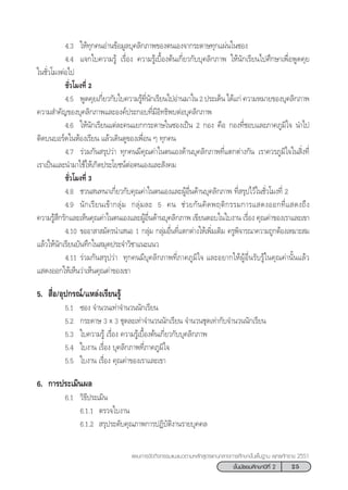 25™—Èπ¡—∏¬¡»÷°…“ªï∑’Ë 2
·ºπ°“√®—¥°‘®°√√¡·π–·π«µ“¡À≈—° Ÿµ√·°π°≈“ß°“√»÷°…“¢—Èπæ◊Èπ∞“π æÿ∑∏»—°√“™ 2551
4.3 „Àâ∑ÿ°§πÕà“π¢âÕ¡Ÿ≈∫ÿ§≈‘°¿“æ¢Õßµπ‡Õß®“°√–¥“…∑ÿ°·ºàπ„π´Õß
4.4 ·®°„∫§«“¡√Ÿâ ‡√◊ËÕß §«“¡√Ÿâ‡∫◊ÈÕßµâπ‡°’Ë¬«°—∫∫ÿ§≈‘°¿“æ „Àâπ—°‡√’¬π‰ª»÷°…“‡æ◊ËÕæŸ¥§ÿ¬
„π™—Ë«‚¡ßµàÕ‰ª
™—Ë«‚¡ß∑’Ë 2
4.5 æŸ¥§ÿ¬‡°’Ë¬«°—∫„∫§«“¡√Ÿâ∑’Ëπ—°‡√’¬π‰ªÕà“π¡“„π 2 ª√–‡¥Áπ ‰¥â·°à §«“¡À¡“¬¢Õß∫ÿ§≈‘°¿“æ
§«“¡ ”§—≠¢Õß∫ÿ§≈‘°¿“æ·≈–Õß§åª√–°Õ∫∑’Ë¡’Õ‘∑∏‘æ∫µàÕ∫ÿ§≈‘°¿“æ
4.6 „Àâπ—°‡√’¬π·µà≈–§π·¬°°√–¥“…„π´Õß‡ªìπ 2 °Õß §◊Õ °Õß∑’Ë™Õ∫·≈–¿“§¿Ÿ¡‘„® π”‰ª
µ‘¥∫π∫Õ√å¥„πÀâÕß‡√’¬π ·≈â«‡¥‘π¥Ÿ¢Õß‡æ◊ËÕπ Ê ∑ÿ°§π
4.7 √à«¡°—π √ÿª«à“ ∑ÿ°§π¡’§ÿ≥§à“„πµπ‡Õß¥â“π∫ÿ§≈‘°¿“æ∑’Ë·µ°µà“ß°—π ‡√“§«√¿Ÿ¡‘„®„π ‘Ëß∑’Ë
‡√“‡ªìπ·≈–π”¡“„™â„Àâ‡°‘¥ª√–‚¬™πåµàÕµπ‡Õß·≈– —ß§¡
™—Ë«‚¡ß∑’Ë 3
4.8 ™«π π∑π“‡°’Ë¬«°—∫§ÿ≥§à“„πµπ‡Õß·≈–ºŸâÕ◊Ëπ¥â“π∫ÿ§≈‘°¿“æ ∑’Ë √ÿª‰«â„π™—Ë«‚¡ß∑’Ë 2
4.9 π—°‡√’¬π‡¢â“°≈ÿà¡ °≈ÿà¡≈– 5 §π ™à«¬°—π§‘¥æƒµ‘°√√¡°“√· ¥ßÕÕ°∑’Ë· ¥ß∂÷ß
§«“¡√Ÿâ ÷°√—°·≈–‡ÀÁπ§ÿ≥§à“„πµπ‡Õß·≈–ºŸâÕ◊Ëπ¥â“π∫ÿ§≈‘°¿“æ ‡¢’¬πµÕ∫„π„∫ß“π ‡√◊ËÕß §ÿ≥§à“¢Õß‡√“·≈–‡¢“
4.10 ¢ÕÕ“ “ ¡—§√π”‡ πÕ 1 °≈ÿà¡ °≈ÿà¡Õ◊Ëπ∑’Ë·µ°µà“ß„Àâ‡æ‘Ë¡‡µ‘¡ §√Ÿæ‘®“√≥“§«“¡∂Ÿ°µâÕß‡À¡“– ¡
·≈â«„Àâπ—°‡√’¬π∫—π∑÷°„π ¡ÿ¥ª√–®”«‘™“·π–·π«
4.11 √à«¡°—π √ÿª«à“ ∑ÿ°§π¡’∫ÿ§≈‘°¿“æ∑’Ë¿“§¿Ÿ¡‘„® ·≈–Õ¬“°„ÀâºŸâÕ◊Ëπ√—∫√Ÿâ„π§ÿ≥§à“π—Èπ·≈â«
· ¥ßÕÕ°„Àâ‡ÀÁπ«à“‡ÀÁπ§ÿ≥§à“¢Õß‡¢“
5.  ◊ËÕ/Õÿª°√≥å/·À≈àß‡√’¬π√Ÿâ
5.1 ´Õß ®”π«π‡∑à“®”π«ππ—°‡√’¬π
5.2 °√–¥“… 3 Ó 3 ™ÿ¥≈–‡∑à“®”π«ππ—°‡√’¬π ®”π«π™ÿ¥‡∑à“°—∫®”π«ππ—°‡√’¬π
5.3 „∫§«“¡√Ÿâ ‡√◊ËÕß §«“¡√Ÿâ‡∫◊ÈÕßµâπ‡°’Ë¬«°—∫∫ÿ§≈‘°¿“æ
5.4 „∫ß“π ‡√◊ËÕß ∫ÿ§≈‘°¿“æ∑’Ë¿“§¿Ÿ¡‘„®
5.5 „∫ß“π ‡√◊ËÕß §ÿ≥§à“¢Õß‡√“·≈–‡¢“
6. °“√ª√–‡¡‘πº≈
6.1 «‘∏’ª√–‡¡‘π
6.1.1 µ√«®„∫ß“π
6.1.2  √ÿª√–¥—∫§ÿ≥¿“æ°“√ªØ‘∫—µ‘ß“π√“¬∫ÿ§§≈
 