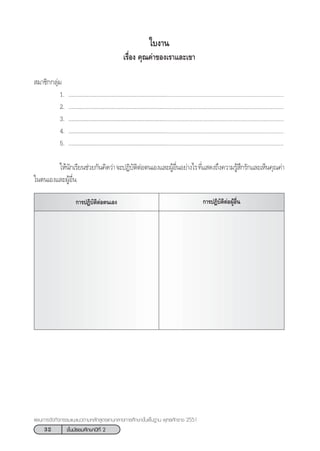32 ™—Èπ¡—∏¬¡»÷°…“ªï∑’Ë 2
·ºπ°“√®—¥°‘®°√√¡·π–·π«µ“¡À≈—° Ÿµ√·°π°≈“ß°“√»÷°…“¢—Èπæ◊Èπ∞“π æÿ∑∏»—°√“™ 2551
„∫ß“π
‡√◊ËÕß §ÿ≥§à“¢Õß‡√“·≈–‡¢“
 ¡“™‘°°≈ÿà¡
1. ÇÇÇÇÇÇÇÇÇÇÇÇÇÇÇÇÇÇÇÇÇ............................................................................
2. ÇÇÇÇÇÇÇÇÇÇÇÇÇÇÇÇÇÇÇÇÇ............................................................................
3. ÇÇÇÇÇÇÇÇÇÇÇÇÇÇÇÇÇÇÇÇÇ............................................................................
4. ÇÇÇÇÇÇÇÇÇÇÇÇÇÇÇÇÇÇÇÇÇ............................................................................
5. ÇÇÇÇÇÇÇÇÇÇÇÇÇÇÇÇÇÇÇÇÇ............................................................................
„Àâπ—°‡√’¬π™à«¬°—π§‘¥«à“®–ªØ‘∫—µ‘µàÕµπ‡Õß·≈–ºŸâÕ◊ËπÕ¬à“ß‰√∑’Ë· ¥ß∂÷ß§«“¡√Ÿâ ÷°√—°·≈–‡ÀÁπ§ÿ≥§à“
„πµπ‡Õß·≈–ºŸâÕ◊Ëπ
°“√ªØ‘∫—µ‘µàÕµπ‡Õß °“√ªØ‘∫—µ‘µàÕºŸâÕ◊Ëπ
 