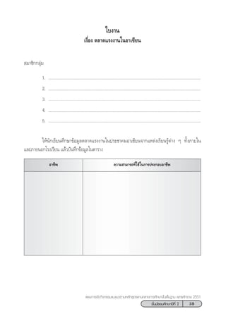 39™—Èπ¡—∏¬¡»÷°…“ªï∑’Ë 2
·ºπ°“√®—¥°‘®°√√¡·π–·π«µ“¡À≈—° Ÿµ√·°π°≈“ß°“√»÷°…“¢—Èπæ◊Èπ∞“π æÿ∑∏»—°√“™ 2551
„∫ß“π
‡√◊ËÕß µ≈“¥·√ßß“π„πÕ“‡´’¬π
 ¡“™‘°°≈ÿà¡
1. ...........................................................................................................................................
2. ...........................................................................................................................................
3. ...........................................................................................................................................
4. ...........................................................................................................................................
5. ...........................................................................................................................................
„Àâπ—°‡√’¬π»÷°…“¢âÕ¡Ÿ≈µ≈“¥·√ßß“π„πª√–™“§¡Õ“‡´’¬π®“°·À≈àß‡√’¬π√Ÿâµà“ß Ê ∑—Èß¿“¬„π
·≈–¿“¬πÕ°‚√ß‡√’¬π ·≈â«∫—π∑÷°¢âÕ¡Ÿ≈„πµ“√“ß
Õ“™’æ §«“¡ “¡“√∂∑’Ë„™â„π°“√ª√–°Õ∫Õ“™’æ
 