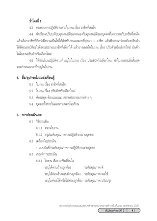 41™—Èπ¡—∏¬¡»÷°…“ªï∑’Ë 2
·ºπ°“√®—¥°‘®°√√¡·π–·π«µ“¡À≈—° Ÿµ√·°π°≈“ß°“√»÷°…“¢—Èπæ◊Èπ∞“π æÿ∑∏»—°√“™ 2551
™—Ë«‚¡ß∑’Ë 2
4.3 ∑∫∑«π°“√ªØ‘∫—µ‘ß“πµ“¡„∫ß“π ‡√◊ËÕß Õ“™’æ∑’Ë π„®
4.4 π—°‡√’¬π‡ª√’¬∫‡∑’¬∫§ÿ≥ ¡∫—µ‘¢Õßµπ‡Õß°—∫§ÿ≥ ¡∫—µ‘¢Õß∫ÿ§§≈∑’Ë‡À¡“– ¡°—∫Õ“™’æ∑’Ë π„®
·≈â«‡≈◊Õ°Õ“™’æ∑’Ë§‘¥«à“¡’§«“¡‡ªìπ‰ª‰¥â ”À√—∫µπ‡Õß¡“°∑’Ë ÿ¥¡“ 1 Õ“™’æ ·≈â«æ‘®“√≥“«à“®–µâÕßª√—∫µ—«
„Àâ¡’§ÿ≥ ¡∫—µ‘Õ–‰√®÷ß®–ª√–°Õ∫Õ“™’æ∑’Ë‡≈◊Õ°‰¥â ·≈â««“ß·ºπ„π„∫ß“π ‡√◊ËÕß ª√—∫µ—«À√◊Õ‡≈◊Õ°„À¡à ∫—π∑÷°
„π„∫ß“πª√—∫µ—«À√◊Õ‡≈◊Õ°„À¡à
4.5 „Àâπ—°‡√’¬πªØ‘∫—µ‘µ“¡∑’Ë√–∫ÿ„π„∫ß“π ‡√◊ËÕß ª√—∫µ—«À√◊Õ‡≈◊Õ°„À¡à π”„∫ß“π àß‡¡◊ËÕ ‘Èπ ÿ¥
µ“¡°”Àπ¥‡«≈“∑’Ë√–∫ÿ„π„∫ß“π
5.  ◊ËÕ/Õÿª°√≥å/·À≈àß‡√’¬π√Ÿâ
5.1 „∫ß“π ‡√◊ËÕß Õ“™’æ∑’Ë π„®
5.2 „∫ß“π ‡√◊ËÕß ª√—∫µ—«À√◊Õ‡≈◊Õ°„À¡à
5.3 ÀâÕß ¡ÿ¥ ÀâÕß·π–·π«  ∂“πª√–°Õ∫°“√µà“ß Ê
5.4 ∫ÿ§§≈∑—Èß¿“¬„π·≈–¿“¬πÕ°‚√ß‡√’¬π
6. °“√ª√–‡¡‘πº≈
6.1 «‘∏’ª√–‡¡‘π
6.1.1 µ√«®„∫ß“π
6.1.2  √ÿª√–¥—∫§ÿ≥¿“æ°“√ªØ‘∫—µ‘ß“π√“¬∫ÿ§§≈
6.2 ‡§√◊ËÕß¡◊Õª√–‡¡‘π
- ·∫∫∫—π∑÷°√–¥—∫§ÿ≥¿“æ°“√ªØ‘∫—µ‘ß“π√“¬∫ÿ§§≈
6.3 ‡°≥±å°“√ª√–‡¡‘π
6.3.1 „∫ß“π ‡√◊ËÕß Õ“™’æ∑’Ë π„®
√–∫ÿ‰¥â§√∫∂â«π∂Ÿ°µâÕß √–¥—∫§ÿ≥¿“æ ¥’
√–∫ÿ‰¥â§àÕπ¢â“ß§√∫∂â«π∂Ÿ°µâÕß √–¥—∫§ÿ≥¿“æ æÕ„™â
√–∫ÿ‰¡à§àÕ¬‰¥âÀ√◊Õ‰¡à§àÕ¬∂Ÿ°µâÕß √–¥—∫§ÿ≥¿“æ ª√—∫ª√ÿß
 