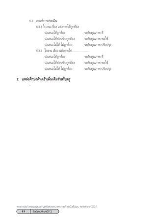 48 ™—Èπ¡—∏¬¡»÷°…“ªï∑’Ë 2
·ºπ°“√®—¥°‘®°√√¡·π–·π«µ“¡À≈—° Ÿµ√·°π°≈“ß°“√»÷°…“¢—Èπæ◊Èπ∞“π æÿ∑∏»—°√“™ 2551
6.3 ‡°≥±å°“√ª√–‡¡‘π
6.3.1 „∫ß“π ‡√◊ËÕß ·µàß°“¬„Àâ∂Ÿ°µâÕß
π”‡ πÕ‰¥â∂Ÿ°µâÕß √–¥—∫§ÿ≥¿“æ ¥’
π”‡ πÕ‰¥â§àÕπ¢â“ß∂Ÿ°µâÕß √–¥—∫§ÿ≥¿“æ æÕ„™â
π”‡ πÕ‰¡à‰¥â ‰¡à∂Ÿ°µâÕß √–¥—∫§ÿ≥¿“æ ª√—∫ª√ÿß
6.3.2 „∫ß“π ‡√◊ËÕß ·µàß°“¬‰ª.......................
π”‡ πÕ‰¥â∂Ÿ°µâÕß √–¥—∫§ÿ≥¿“æ ¥’
π”‡ πÕ‰¥â§àÕπ¢â“ß∂Ÿ°µâÕß √–¥—∫§ÿ≥¿“æ æÕ„™â
π”‡ πÕ‰¡à‰¥â ‰¡à∂Ÿ°µâÕß √–¥—∫§ÿ≥¿“æ ª√—∫ª√ÿß
7. ·À≈àß»÷°…“§âπ§«â“‡æ‘Ë¡‡µ‘¡ ”À√—∫§√Ÿ
-
 