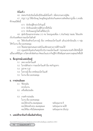 72 ™—Èπ¡—∏¬¡»÷°…“ªï∑’Ë 2
·ºπ°“√®—¥°‘®°√√¡·π–·π«µ“¡À≈—° Ÿµ√·°π°≈“ß°“√»÷°…“¢—Èπæ◊Èπ∞“π æÿ∑∏»—°√“™ 2551
™—Ë«‚¡ß∑’Ë 2
4.6  π∑π“°—∫π—°‡√’¬π„π‡√◊ËÕß∑’Ë‡√’¬π‡¡◊ËÕ™—Ë«‚¡ß∑’Ë 1 ‡æ◊ËÕ∑∫∑«π§«“¡√Ÿâ‡¥‘¡
4.7 π”√Ÿª 3 √Ÿª „Àâπ—°‡√’¬π¥Ÿ ‚¥¬¥Ÿ∑’≈–√Ÿª·≈â«™à«¬°—π· ¥ß§«“¡§‘¥‡ÀÁπ®“°√Ÿªπ—Èπ Ê µ“¡¢âÕ
∑’Ë°”Àπ¥„Àâ¥—ßπ’È
4.7.1 π—°‡√’¬π√Ÿâ ÷°Õ¬à“ß‰√°—∫√Ÿªπ’È
4.7.2 π—°‡√’¬π‡§¬¡’§«“¡√Ÿâ ÷°Õ¬à“ßπ’ÈÀ√◊Õ‰¡à
4.7.3 π—°‡√’¬π¡Õß√Ÿª„π¥â“π¥’‰¥âÕ¬à“ß‰√
4.8  ÿà¡π—°‡√’¬πÕÕ°¡“π”‡ πÕ 2-3 §π ‚¥¬§√Ÿ·≈–‡æ◊ËÕπ Ê ™à«¬°—π √ÿª ™¡‡™¬ „Àâ·π«§‘¥
‡°’Ë¬«°—∫º≈¥’¢Õß°“√¡Õß‚≈°„π¥â“π¥’
4.9 „Àâπ—°‡√’¬π»÷°…“„∫§«“¡√Ÿâ ‡√◊ËÕß ‡∑§π‘§¡Õß‚≈°„π·ßà¥’ ·≈â«·∫àßπ—°‡√’¬π‡ªìπ 4 °≈ÿà¡
„Àâ∑”„∫ß“π ‡√◊ËÕß ¡Õß§π≈–¡ÿ¡
4.10 „Àâ·µà≈–°≈ÿà¡π”‡ πÕ§«“¡§‘¥„π·ßà¥’µ“¡ ∂“π°“√≥å∑’Ë°”Àπ¥„Àâ
4.11 §√Ÿ·≈–π—°‡√’¬π™à«¬°—π √ÿª‡°’Ë¬«°—∫°“√¡Õß‚≈°„π·ßà¥’ «à“∑ÿ°§π “¡“√∂ √â“ß„Àâ‡°‘¥¢÷Èπ‰¥â
·¡â„π¬“¡∑’Ë¡’ªí≠À“ ‡√“‰¡à§«√´È”‡µ‘¡µ—«‡Õß À—¥¡Õß„π·ßà∫«°°Á®–√Ÿâ ÷°«à“™’«‘µ¡’§ÿ≥§à“·≈–§«“¡ ÿ¢®–‡°‘¥¢÷Èπ‰¥â
5.  ◊ËÕ/Õÿª°√≥å/·À≈àß‡√’¬π√Ÿâ
5.1 ‡æ≈ß ¡Õß‚≈°„π·ßà¥’
5.2 „∫°√≥’µ—«Õ¬à“ß °“√¡Õß‚≈°„π·ßà¥’ ‡√◊ËÕß æàÕ°—∫≈Ÿ° “«
5.3 √Ÿª¿“æ 3 √Ÿª
5.4 „∫§«“¡√Ÿâ ‡√◊ËÕß ‡∑§π‘§¡Õß‚≈°„π·ßà¥’
5.5 „∫ß“π ‡√◊ËÕß ¡Õß§π≈–¡ÿ¡
6. °“√ª√–‡¡‘πº≈
6.1 «‘∏’ª√–‡¡‘π
µ√«®„∫ß“π
6.2 ‡§√◊ËÕß¡◊Õª√–‡¡‘π
-
6.3 ‡°≥±å°“√ª√–‡¡‘π
„∫ß“π ‡√◊ËÕß ¡Õß§π≈–¡ÿ¡
µÕ∫‰¥â§√∫∂â«π  ¡‡Àµÿ ¡º≈ √–¥—∫§ÿ≥¿“æ ¥’
µÕ∫‰¥â§àÕπ¢â“ß§√∫  ¡‡Àµÿ ¡º≈ √–¥—∫§ÿ≥¿“æ æÕ„™â
µÕ∫‰¥âπâÕ¬ À√◊Õ‰¡à ¡‡Àµÿ ¡º≈ √–¥—∫§ÿ≥¿“æ ª√—∫ª√ÿß
7. ·À≈àß»÷°…“§âπ§«â“‡æ‘Ë¡‡µ‘¡ ”À√—∫§√Ÿ
-
 