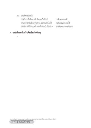 80 ™—Èπ¡—∏¬¡»÷°…“ªï∑’Ë 2
·ºπ°“√®—¥°‘®°√√¡·π–·π«µ“¡À≈—° Ÿµ√·°π°≈“ß°“√»÷°…“¢—Èπæ◊Èπ∞“π æÿ∑∏»—°√“™ 2551
6.3 ‡°≥±å°“√ª√–‡¡‘π
‡ªìπ«‘∏’°“√∑’Ë √â“ß √√§å ¡’§«“¡‡ªìπ‰ª‰¥â √–¥—∫§ÿ≥¿“æ ¥’
‡ªìπ«‘∏’°“√§àÕπ¢â“ß √â“ß √√§å ¡’§«“¡‡ªìπ‰ª‰¥â √–¥—∫§ÿ≥¿“æ æÕ„™â
‡ªìπ«‘∏’°“√∑’Ë‰¡à§àÕ¬ √â“ß √√§å À√◊Õ‡ªìπ‰ª‰¥â¬“° ª√–¥—∫§ÿ≥¿“æ ª√—∫ª√ÿß
7. ·À≈àß»÷°…“§âπ§«â“‡æ‘Ë¡‡µ‘¡ ”À√—∫§√Ÿ
-
 