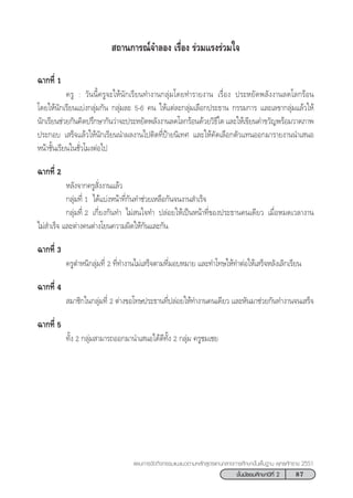 87™—Èπ¡—∏¬¡»÷°…“ªï∑’Ë 2
·ºπ°“√®—¥°‘®°√√¡·π–·π«µ“¡À≈—° Ÿµ√·°π°≈“ß°“√»÷°…“¢—Èπæ◊Èπ∞“π æÿ∑∏»—°√“™ 2551
©“°∑’Ë 1
§√Ÿ : «—ππ’È§√Ÿ®–„Àâπ—°‡√’¬π∑”ß“π°≈ÿà¡‚¥¬∑”√“¬ß“π ‡√◊ËÕß ª√–À¬—¥æ≈—ßß“π≈¥‚≈°√âÕπ
‚¥¬„Àâπ—°‡√’¬π·∫àß°≈ÿà¡°—π °≈ÿà¡≈– 5-6 §π „Àâ·µà≈–°≈ÿà¡‡≈◊Õ°ª√–∏“π °√√¡°“√ ·≈–‡≈¢“°≈ÿà¡·≈â«„Àâ
π—°‡√’¬π™à«¬°—π§‘¥ª√÷°…“°—π«à“®–ª√–À¬—¥æ≈—ßß“π≈¥‚≈°√âÕπ¥â«¬«‘∏’„¥·≈–„Àâ‡¢’¬π§”¢«—≠æ√âÕ¡«“¥¿“æ
ª√–°Õ∫ ‡ √Á®·≈â«„Àâπ—°‡√’¬ππ”º≈ß“π‰ªµ‘¥∑’ËªÑ“¬π‘‡∑» ·≈–„Àâ§—¥‡≈◊Õ°µ—«·∑πÕÕ°¡“√“¬ß“ππ”‡ πÕ
Àπâ“™—Èπ‡√’¬π„π™—Ë«‚¡ßµàÕ‰ª
©“°∑’Ë 2
À≈—ß®“°§√Ÿ —Ëßß“π·≈â«
°≈ÿà¡∑’Ë 1 ‰¥â·∫àßÀπâ“∑’Ë°—π∑”™à«¬‡À≈◊Õ°—π®πß“π ”‡√Á®
°≈ÿà¡∑’Ë 2 ‡°’Ë¬ß°—π∑” ‰¡à π„®∑” ª≈àÕ¬„Àâ‡ªìπÀπâ“∑’Ë¢Õßª√–∏“π§π‡¥’¬« ‡¡◊ËÕÀ¡¥‡«≈“ß“π
‰¡à ”‡√Á® ·≈–µà“ß§πµà“ß‚¬π§«“¡º‘¥„Àâ°—π·≈–°—π
©“°∑’Ë 3
§√Ÿµ”Àπ‘°≈ÿà¡∑’Ë 2 ∑’Ë∑”ß“π‰¡à‡ √Á®µ“¡∑’Ë¡Õ∫À¡“¬ ·≈–∑”‚∑…„Àâ∑”µàÕ„Àâ‡ √Á®À≈—ß‡≈‘°‡√’¬π
©“°∑’Ë 4
 ¡“™‘°„π°≈ÿà¡∑’Ë 2 µà“ß¢Õ‚∑…ª√–∏“π∑’Ëª≈àÕ¬„Àâ∑”ß“π§π‡¥’¬« ·≈–À—π¡“™à«¬°—π∑”ß“π®π‡ √Á®
©“°∑’Ë 5
∑—Èß 2 °≈ÿà¡ “¡“√∂ÕÕ°¡“π”‡ πÕ‰¥â¥’∑—Èß 2 °≈ÿà¡ §√Ÿ™¡‡™¬
 ∂“π°“√≥å®”≈Õß ‡√◊ËÕß √à«¡·√ß√à«¡„®
 