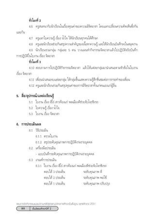 90 ™—Èπ¡—∏¬¡»÷°…“ªï∑’Ë 2
·ºπ°“√®—¥°‘®°√√¡·π–·π«µ“¡À≈—° Ÿµ√·°π°≈“ß°“√»÷°…“¢—Èπæ◊Èπ∞“π æÿ∑∏»—°√“™ 2551
™—Ë«‚¡ß∑’Ë 2
4.6 §√Ÿ π∑π“°—∫π—°‡√’¬π„π‡√◊ËÕß§ÿ≥§à“¢Õß§«“¡¡’®‘µÕ“ “ ‚¥¬·≈°‡ª≈’Ë¬π§«“¡§‘¥‡ÀÁπ´÷Ëß°—π
·≈–°—π
4.7 §√Ÿ·®°„∫§«“¡√Ÿâ ‡√◊ËÕß πÈ”„® „Àâπ—°‡√’¬π∑ÿ°§π‰¥â»÷°…“
4.8 §√Ÿ·≈–π—°‡√’¬π™à«¬°—π √ÿª§«“¡ ”§—≠¢Õß‡π◊ÈÕÀ“§«“¡√Ÿâ ·≈–„Àâπ—°‡√’¬π∫—π∑÷°≈ß„π ¡ÿ¥ß“π
4.9 π—°‡√’¬π√«¡°≈ÿà¡ °≈ÿà¡≈– 5 §π «“ß·ºπ∑”°‘®°√√¡®‘µÕ“ “·≈â«‰ªªØ‘∫—µ‘®√‘ß∫—π∑÷°
°“√ªØ‘∫—µ‘„π„∫ß“π ‡√◊ËÕß ®‘µÕ“ “
™—Ë«‚¡ß∑’Ë 3
4.10  Õ∫∂“¡°“√‰ªªØ‘∫—µ‘°‘®°√√¡®‘µÕ“ “ ·≈â«„Àâ·µà≈–°≈ÿà¡¡“π”‡ πÕµ“¡À—«¢âÕ„π„∫ß“π
‡√◊ËÕß ®‘µÕ“ “
4.11 ‡æ◊ËÕππ”‡ πÕ®∫·µà≈–°≈ÿà¡ „Àâ°≈ÿà¡¢÷Èπ· ¥ß§«“¡√Ÿâ ÷°™◊Ëπ™¡µàÕ°“√°√–∑”¢Õß‡æ◊ËÕπ
4.12 §√Ÿ·≈–π—°‡√’¬π√à«¡°—π √ÿª§ÿ≥§à“¢Õß°“√¡’®‘µÕ“ “∑—Èß·°àµπ‡Õß·°àºŸâÕ◊Ëπ
5.  ◊ËÕ/Õÿª°√≥å/·À≈àß‡√’¬π√Ÿâ
5.1 „∫ß“π ‡√◊ËÕß Œ’‚√à  “«∑âÕß·°à æ≈‡¡◊Õß¥’™à«¬®—∫‚®√™‘ß√∂
5.2 „∫§«“¡√Ÿâ ‡√◊ËÕß πÈ”„®
5.3 „∫ß“π ‡√◊ËÕß ®‘µÕ“ “
6. °“√ª√–‡¡‘πº≈
6.1 «‘∏’ª√–‡¡‘π
6.1.1 µ√«®„∫ß“π
6.1.2  √ÿª√–¥—∫§ÿ≥¿“æ°“√ªØ‘∫—µ‘ß“π√“¬∫ÿ§§≈
6.2 ‡§√◊ËÕß¡◊Õª√–‡¡‘π
- ·∫∫∫—π∑÷°√–¥—∫§ÿ≥¿“æ°“√ªØ‘∫—µ‘ß“π√“¬∫ÿ§§≈
6.3 ‡°≥±å°“√ª√–‡¡‘π
6.3.1 „∫ß“π ‡√◊ËÕß Œ’‚√à  “«∑âÕß·°à æ≈‡¡◊Õß¥’™à«¬®—∫‚®√™‘ß√∂
µÕ∫‰¥â 3 ª√–‡¥Áπ √–¥—∫§ÿ≥¿“æ ¥’
µÕ∫‰¥â 2 ª√–‡¥Áπ √–¥—∫§ÿ≥¿“æ æÕ„™â
µÕ∫‰¥â 1 ª√–‡¥Áπ √–¥—∫§ÿ≥¿“æ ª√—∫ª√ÿß
 
