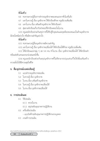 96 ™—Èπ¡—∏¬¡»÷°…“ªï∑’Ë 4
·ºπ°“√®—¥°‘®°√√¡·π–·π«µ“¡À≈—° Ÿµ√·°π°≈“ß°“√»÷°…“¢—Èπæ◊Èπ∞“π æÿ∑∏»—°√“™ 2551
™—Ë«‚¡ß∑’Ë 2
4.6 ∑∫∑«π§«“¡√Ÿâ‡√◊ËÕß°“√ ”√«®∫ÿ§≈‘°¿“æ¢Õßµπ‡Õß®“°™—Ë«‚¡ß∑’Ë·≈â«
4.7 ·®°„∫§«“¡√Ÿâ ‡√◊ËÕß ∫ÿ§≈‘°¿“æ „Àâπ—°‡√’¬π»÷°…“ §√ŸÕ∏‘∫“¬‡æ‘Ë¡‡µ‘¡
4.8 ·®°„∫ß“π ‡√◊ËÕß ‡ √‘¡ √â“ß∫ÿ§≈‘°¿“æ „Àâπ—°‡√’¬π∑”
4.9  ÿà¡∂“¡π—°‡√’¬π‡°’Ë¬«°—∫§”µÕ∫∑’Ëπ—°‡√’¬πµÕ∫„π„∫ß“π
4.10 §√Ÿ·≈–π—°‡√’¬π√à«¡°—π √ÿª°“√∑’Ë‰¥â√—∫√Ÿâ∂÷ß®ÿ¥‡¥àπ·≈–®ÿ¥¥âÕ¬¢Õßµπ‡Õß„π¥â“π∫ÿ§≈‘°¿“æ
¡’ª√–‚¬™πåÕ¬à“ß‰√ À√◊Õ¡’§«“¡ ”§—≠Õ¬à“ß‰√
™—Ë«‚¡ß∑’Ë 3
4.11 ∑∫∑«π§«“¡√Ÿâ‡√◊ËÕß∫ÿ§≈‘°¿“æ¡’§«“¡ ”§—≠
4.12 ·®°„∫§«“¡√Ÿâ ‡√◊ËÕß ∫ÿ§≈‘°¿“æ‡ª≈’Ë¬π‰¥â „Àâπ—°‡√’¬π‰¥â»÷°…“ §√ŸÕ∏‘∫“¬‡æ‘Ë¡‡µ‘¡
4.13 „Àâπ—°‡√’¬π·∫àß°≈ÿà¡ Ê ≈– 5-6 §π ∑”„∫ß“π ‡√◊ËÕß ∫ÿ§≈‘°¿“æ‡ª≈’Ë¬π‰¥â „Àâπ—°‡√’¬π∑”
æ√âÕ¡ àßµ—«·∑πÕÕ°¡“π”‡ πÕÀπâ“™—Èπ
4.14 §√Ÿ·≈–π—°‡√’¬π™à«¬°—π √ÿª∫ÿ§≈‘°¿“æ∑’Ë‰¡à¥’ “¡“√∂ª√ÿß·µàß·°â‰¢‰¥â‡æ◊ËÕ‡ √‘¡ √â“ß
§«“¡¡—Ëπ„®„Àâ¡’§«“¡ ÿ¢„π™’«‘µ
5.  ◊ËÕ/Õÿª°√≥å/·À≈àß‡√’¬π√Ÿâ
5.1 ·∫∫ ”√«®∫ÿ§≈‘°¿“æ¢Õß©—π
5.2 „∫§«“¡√Ÿâ ‡√◊ËÕß ∫ÿ§≈‘°¿“æ
5.3 „∫ß“π ‡√◊ËÕß ‡ √‘¡ √â“ß∫ÿ§≈‘°¿“æ
5.4 „∫§«“¡√Ÿâ ‡√◊ËÕß ∫ÿ§≈‘°¿“æ‡ª≈’Ë¬π‰¥â
5.5 „∫ß“π ‡√◊ËÕß ∫ÿ§≈‘°¿“æ‡ª≈’Ë¬π‰¥â
6. °“√ª√–‡¡‘πº≈
6.1 «‘∏’ª√–‡¡‘π
6.1.1 µ√«®„∫ß“π
6.1.2  √ÿª√–¥—∫§ÿ≥¿“æ°“√ªØ‘∫—µ‘ß“π
6.2 ‡§√◊ËÕß¡◊Õª√–‡¡‘π
- ·∫∫∫—π∑÷°√–¥—∫§ÿ≥¿“æ°“√ªØ‘∫—µ‘ß“π√“¬∫ÿ§§≈
6.3 ‡°≥±å°“√ª√–‡¡‘π
 