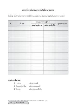 98 ™—Èπ¡—∏¬¡»÷°…“ªï∑’Ë 4
·ºπ°“√®—¥°‘®°√√¡·π–·π«µ“¡À≈—° Ÿµ√·°π°≈“ß°“√»÷°…“¢—Èπæ◊Èπ∞“π æÿ∑∏»—°√“™ 2551
™◊ËÕ- °ÿ≈  √ÿª√–¥—∫§ÿ≥¿“æ∑’Ë
·∫∫∫—π∑÷°√–¥—∫§ÿ≥¿“æ°“√ªØ‘∫—µ‘ß“π√“¬∫ÿ§§≈
§”™’È·®ß ∫—π∑÷°√–¥—∫§ÿ≥¿“æ°“√ªØ‘∫—µ‘ß“π·µà≈–„∫ß“π≈ß„π™àÕß·≈â« √ÿª√–¥—∫§ÿ≥¿“æµ“¡‡°≥±å
√–¥—∫§ÿ≥¿“æ°“√ªØ‘∫—µ‘ß“π
‡ √‘¡ √â“ß∫ÿ§≈‘°¿“æ ∫ÿ§≈‘°¿“æ‡ª≈’Ë¬π‰¥â
‡°≥±å°“√æ‘®“√≥“
¥’ 2 „∫ß“π √–¥—∫§ÿ≥¿“æ ¥’
¡’ ¥’·≈–æÕ„™â‡∑à“π—Èπ √–¥—∫§ÿ≥¿“æ æÕ„™â
¡’ ª√—∫ª√ÿß √–¥—∫§ÿ≥¿“æ ª√—∫ª√ÿß
 
