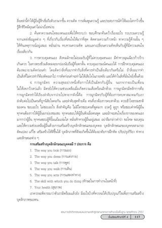117™—Èπ¡—∏¬¡»÷°…“ªï∑’Ë 4
·ºπ°“√®—¥°‘®°√√¡·π–·π«µ“¡À≈—° Ÿµ√·°π°≈“ß°“√»÷°…“¢—Èπæ◊Èπ∞“π æÿ∑∏»—°√“™ 2551
 ‘Ëß‡À≈à“π’È∑”„ÀâºŸâÕ◊Ëπ√Ÿâ ÷°‡™◊ËÕ∂◊Õµ—«‡√“¡“°¢÷Èπ §«“¡§‘¥ °“√‡æ‘Ë¡æŸπ§«“¡√Ÿâ ·≈–ª√– ∫°“√≥å∑”„Àâ¡Õß‚≈°°«â“ß¢÷Èπ
√Ÿâ ÷°™’«‘µ¡’§ÿ≥§à“‰¡àπà“‡∫◊ËÕÀπà“¬
2. §âπÀ“§«“¡ π„®¢Õßµπ‡Õß‡æ◊ËÕ„Àâ∑√“∫«à“ ™Õ∫»÷°…“§âπ§«â“‡√◊ËÕßÕ–‰√ √«∫√«¡§«“¡√Ÿâ
®“°·À≈àß¢âÕ¡Ÿ≈µà“ß Ê ∑’Ë‡°’Ë¬«°—∫‡√◊ËÕß∑’Ë π„®„Àâ¡“°∑’Ë ÿ¥ µ‘¥µ“¡§«“¡°â“«Àπâ“ À“§«“¡√Ÿâ¥â“ππ—Èπ Ê
„Àâ∑—π‡Àµÿ°“√≥åÕ¬Ÿà‡ ¡Õ À¡—ËπÕà“π ∑∫∑«π§«“¡§‘¥ ·≈–·≈°‡ª≈’Ë¬π§«“¡§‘¥‡ÀÁπ°—∫ºŸâ∑’Ë¡’§«“¡ π„®
‡√◊ËÕß‡¥’¬«°—π
3. °“√§«∫§ÿ¡µπ‡Õß  —ß§¡¡—°®–‰¡à¬Õ¡√—∫ºŸâ∑’Ë‰¡à§«∫§ÿ¡µπ‡Õß ¡’∑à“∑“ß©ÿπ‡©’¬«°â“«√â“«
‡°‘π§«√ „π∑“ßµ√ß¢â“¡ —ß§¡®–¬°¬àÕßπ—∫∂◊ÕºŸâ∑’ËÕ¥°≈—Èπ §«∫§ÿ¡Õ“√¡≥åµπ‡Õß‰¥â °“√Ωñ°§«∫§ÿ¡µπ‡Õß
µâÕßæ¬“¬“¡§‘¥°àÕπ∑” ‚¥¬§‘¥«à“ ‘Ëß∑’ËÕ¬“°∑”°—∫ ‘Ëß∑’Ë§«√∑”‡ªìπ ‘Ëß‡¥’¬«°—πÀ√◊Õ‰¡à ∂â“ ‘ËßÕ¬“°∑”
‡ªìπ ‘Ëß∑’Ë‰¡à§«√∑”°ÁµâÕßµ—¥ÕÕ°‰ª °“√§‘¥°àÕπ∑”®–∑”‰¡à„Àâ‡ ’¬„®„π¿“¬À≈—ß ·≈–‰¥â∑”„π ‘Ëß∑’Ë¡—Ëπ„®¬‘Ëß¢÷Èπ¥â«¬
4. °“√ºŸ°¡‘µ√ §«“¡ ÿ¢Õ¬à“ßÀπ÷Ëß§◊Õ°“√‰¥â‡ªìπ¡‘µ√°—∫ºŸâÕ◊Ëπ πÕ°®“°®–‡ªìπ‡æ◊ËÕπ
‰¡à„Àâ‡Àß“«â“‡À«à·≈â« ¡‘µ√¬—ß„Àâ§«“¡™à«¬‡À≈◊Õ‡¡◊ËÕ‡°‘¥§«“¡‡¥◊Õ¥√âÕπÕ’°¥â«¬ °“√ºŸ°¡‘µ√¡’À≈—°°“√§◊Õ
°“√ºŸ°¡‘µ√∑”‰¥â‡√’¬ß≈”¥—∫®“°ßà“¬‰ªÀ“¬“°¥—ßπ’È§◊Õ °“√ºŸ°¡‘µ√°—∫ºŸâ∑’ËµâÕß°“√§∫À“ ¡“§¡°—∫‡√“
≈”¥—∫µàÕ‰ª‡ªìπ§π∑’Ë∂Ÿ°π‘ —¬„®§Õ°—π ·≈–≈”¥—∫ ÿ¥∑â“¬§◊Õ §π∑’Ë‡√“µâÕß°“√§∫À“¥â«¬ §«√‡¢â“„®∏√√¡™“µ‘
¢Õß§π ™Õ∫Õ–‰√ ‰¡à™Õ∫Õ–‰√  ‘Ëß ”§—≠§◊Õ ‰¡à¡’„§√™Õ∫§π∑’ËæŸ¥¡“° Õ«¥√Ÿâ ¥Ÿ∂Ÿ° À√◊Õ™Õ∫µ”Àπ‘ºŸâÕ◊Ëπ
∑ÿ°§πµâÕß°“√„ÀâºŸâÕ◊Ëπ¬°¬àÕß™¡‡™¬ ∑ÿ°§π™Õ∫„ÀâºŸâÕ◊Ëπøíß‡¡◊ËÕµπæŸ¥ ·≈–¡—°®– π„®‡√◊ËÕß√“«¢Õßµπ‡Õß
¡“°°«à“ºŸâÕ◊Ëπ ∑ÿ°§π™Õ∫ºŸâ∑’Ë¬‘È¡·¬â¡·®à¡„  À¡—Ëπ∑—°∑“¬ºŸâÕ◊ËπÕ¬Ÿà‡ ¡Õ Õ¬à“≈◊¡°≈à“«§”«à“ ¢Õ‚∑… ¢Õ∫§ÿ≥
·≈–„Àâ§«“¡™à«¬‡À≈◊ÕºŸâÕ◊Ëπ¥â«¬°“√‡ √‘¡ √â“ß∫ÿ§≈‘°≈—°…≥–¢Õß∫ÿ§§≈ ∫ÿ§≈‘°≈—°…≥–¢Õß∫ÿ§§≈ “¡“√∂
¥—¥·ª≈ß ·°â‰¢ ‡ √‘¡ √â“ß„Àâ¥’¢÷Èπ‰¥â ∫ÿ§≈‘°¿“æ∑’Ë¥’®–‡°‘¥¢÷Èπ‰¥âµâÕßÕ“»—¬°“√Ωñ°À—¥ ª√—∫ª√ÿß°‘√‘¬“ ∑à“∑“ß
·≈–≈—°…≥–µà“ß Ê
°“√‡ √‘¡ √â“ß∫ÿ§≈‘°≈—°…≥–∫ÿ§§≈¡’ 7 ª√–°“√ §◊Õ
1. The way you look (°“√¡Õß)
2. The way you dress (°“√·µàß°“¬)
3. The way you talk (°“√æŸ¥)
4. The way you walk (°“√‡¥‘π)
5. The way you acts (°“√· ¥ß∑à“∑“ß)
6. The skill with which you do thing (∑—°…–„π°“√∑”ß“π„πÀπâ“∑’Ë)
7. Your health ( ÿ¢¿“æ)
‡√“§«√®–æ‘®“√≥“«à“µ—«‡√“¡’æ√âÕ¡·≈â«¬—ß ¡’Õ–‰√∫â“ß∑’Ë§«√®–‰¥âª√—∫ª√ÿß·°â‰¢‡æ◊ËÕ°“√‡ √‘¡ √â“ß
∫ÿ§≈‘°¿“æ¢Õßµπ
 