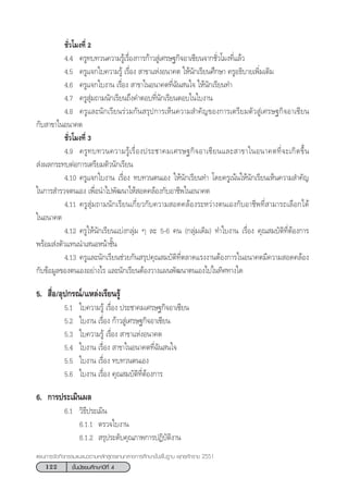 122 ™—Èπ¡—∏¬¡»÷°…“ªï∑’Ë 4
·ºπ°“√®—¥°‘®°√√¡·π–·π«µ“¡À≈—° Ÿµ√·°π°≈“ß°“√»÷°…“¢—Èπæ◊Èπ∞“π æÿ∑∏»—°√“™ 2551
™—Ë«‚¡ß∑’Ë 2
4.4 §√Ÿ∑∫∑«π§«“¡√Ÿâ‡√◊ËÕß°“√°â“« Ÿà‡»√…∞°‘®Õ“‡´’¬π®“°™—Ë«‚¡ß∑’Ë·≈â«
4.5 §√Ÿ·®°„∫§«“¡√Ÿâ ‡√◊ËÕß  “¢“·ÀàßÕπ“§µ „Àâπ—°‡√’¬π»÷°…“ §√ŸÕ∏‘∫“¬‡æ‘Ë¡‡µ‘¡
4.6 §√Ÿ·®°„∫ß“π ‡√◊ËÕß  “¢“„πÕπ“§µ∑’Ë©—π π„® „Àâπ—°‡√’¬π∑”
4.7 §√Ÿ ÿà¡∂“¡π—°‡√’¬π∂÷ß§”µÕ∫∑’Ëπ—°‡√’¬πµÕ∫„π„∫ß“π
4.8 §√Ÿ·≈–π—°‡√’¬π√à«¡°—π √ÿª°“√‡ÀÁπ§«“¡ ”§—≠¢Õß°“√‡µ√’¬¡µ—« Ÿà‡»√…∞°‘®Õ“‡´’¬π
°—∫ “¢“„πÕπ“§µ
™—Ë«‚¡ß∑’Ë 3
4.9 §√Ÿ∑∫∑«π§«“¡√Ÿâ‡√◊ËÕßª√–™“§¡‡»√…∞°‘®Õ“‡´’¬π·≈– “¢“„πÕπ“§µ∑’Ë®–‡°‘¥¢÷Èπ
 àßº≈°√–∑∫µàÕ°“√‡µ√’¬¡µ—«π—°‡√’¬π
4.10 §√Ÿ·®°„∫ß“π ‡√◊ËÕß ∑∫∑«πµπ‡Õß „Àâπ—°‡√’¬π∑” ‚¥¬§√Ÿ‡πâπ„Àâπ—°‡√’¬π‡ÀÁπ§«“¡ ”§—≠
„π°“√ ”√«®µπ‡Õß ‡æ◊ËÕπ”‰ªæ—≤π“„Àâ Õ¥§≈âÕß°—∫Õ“™’æ„πÕπ“§µ
4.11 §√Ÿ ÿà¡∂“¡π—°‡√’¬π‡°’Ë¬«°—∫§«“¡ Õ¥§≈âÕß√–À«à“ßµπ‡Õß°—∫Õ“™’æ∑’Ë “¡“√∂‡≈◊Õ°‰¥â
„πÕπ“§µ
4.12 §√Ÿ„Àâπ—°‡√’¬π·∫àß°≈ÿà¡ Ê ≈– 5-6 §π (°≈ÿà¡‡¥‘¡) ∑”„∫ß“π ‡√◊ËÕß §ÿ≥ ¡∫—µ‘∑’ËµâÕß°“√
æ√âÕ¡ àßµ—«·∑ππ”‡ πÕÀπâ“™—Èπ
4.13 §√Ÿ·≈–π—°‡√’¬π™à«¬°—π √ÿª§ÿ≥ ¡∫—µ‘∑’Ëµ≈“¥·√ßß“πµâÕß°“√„πÕπ“§µ¡’§«“¡ Õ¥§≈âÕß
°—∫¢âÕ¡Ÿ≈¢Õßµπ‡ÕßÕ¬à“ß‰√ ·≈–π—°‡√’¬πµâÕß«“ß·ºπæ—≤π“µπ‡Õß‰ª„π∑‘»∑“ß„¥
5.  ◊ËÕ/Õÿª°√≥å/·À≈àß‡√’¬π√Ÿâ
5.1 „∫§«“¡√Ÿâ ‡√◊ËÕß ª√–™“§¡‡»√…∞°‘®Õ“‡´’¬π
5.2 „∫ß“π ‡√◊ËÕß °â“« Ÿà‡»√…∞°‘®Õ“‡´’¬π
5.3 „∫§«“¡√Ÿâ ‡√◊ËÕß  “¢“·ÀàßÕπ“§µ
5.4 „∫ß“π ‡√◊ËÕß  “¢“„πÕπ“§µ∑’Ë©—π π„®
5.5 „∫ß“π ‡√◊ËÕß ∑∫∑«πµπ‡Õß
5.6 „∫ß“π ‡√◊ËÕß §ÿ≥ ¡∫—µ‘∑’ËµâÕß°“√
6. °“√ª√–‡¡‘πº≈
6.1 «‘∏’ª√–‡¡‘π
6.1.1 µ√«®„∫ß“π
6.1.2  √ÿª√–¥—∫§ÿ≥¿“æ°“√ªØ‘∫—µ‘ß“π
 