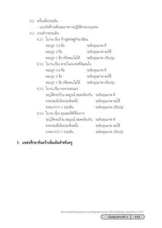 123™—Èπ¡—∏¬¡»÷°…“ªï∑’Ë 4
·ºπ°“√®—¥°‘®°√√¡·π–·π«µ“¡À≈—° Ÿµ√·°π°≈“ß°“√»÷°…“¢—Èπæ◊Èπ∞“π æÿ∑∏»—°√“™ 2551
6.2 ‡§√◊ËÕß¡◊Õª√–‡¡‘π
- ·∫∫∫—π∑÷°√–¥—∫§ÿ≥¿“æ°“√ªØ‘∫—µ‘ß“π√“¬∫ÿ§§≈
6.3 ‡°≥±å°“√ª√–‡¡‘π
6.3.1 „∫ß“π ‡√◊ËÕß °â“« Ÿà‡»√…∞°‘®Õ“‡´’¬π
µÕ∫∂Ÿ° 3-4 ¢âÕ √–¥—∫§ÿ≥¿“æ ¥’
µÕ∫∂Ÿ° 2 ¢âÕ √–¥—∫§ÿ≥¿“æ æÕ„™â
µÕ∫∂Ÿ° 1 ¢âÕ À√◊ÕµÕ∫‰¡à‰¥â √–¥—∫§ÿ≥¿“æ ª√—∫ª√ÿß
6.3.2 „∫ß“π ‡√◊ËÕß  “¢“„πÕπ“§µ∑’Ë©—π π„®
µÕ∫∂Ÿ° 3-4 ¢âÕ √–¥—∫§ÿ≥¿“æ ¥’
µÕ∫∂Ÿ° 2 ¢âÕ √–¥—∫§ÿ≥¿“æ æÕ„™â
µÕ∫∂Ÿ° 1 ¢âÕ À√◊ÕµÕ∫‰¡à‰¥â √–¥—∫§ÿ≥¿“æ ª√—∫ª√ÿß
6.3.3 „∫ß“π ‡√◊ËÕß ∑∫∑«πµπ‡Õß
√–∫ÿ‰¥â§√∫∂â«π  ¡∫Ÿ√≥å  Õ¥§≈âÕß°—π √–¥—∫§ÿ≥¿“æ ¥’
¢“¥ª√–‡¥Áπ„¥ª√–‡¥ÁπÀπ÷Ëß √–¥—∫§ÿ≥¿“æ æÕ„™â
¢“¥¡“°°«à“ 1 ª√–‡¥Áπ √–¥—∫§ÿ≥¿“æ ª√—∫ª√ÿß
6.3.4 „∫ß“π ‡√◊ËÕß §ÿ≥ ¡∫—µ‘∑’ËµâÕß°“√
√–∫ÿ‰¥â§√∫∂â«π  ¡∫Ÿ√≥å  Õ¥§≈âÕß°—π √–¥—∫§ÿ≥¿“æ ¥’
¢“¥ª√–‡¥Áπ„¥ª√–‡¥ÁπÀπ÷Ëß √–¥—∫§ÿ≥¿“æ æÕ„™â
¢“¥¡“°°«à“ 1 ª√–‡¥Áπ √–¥—∫§ÿ≥¿“æ ª√—∫ª√ÿß
7. ·À≈àß»÷°…“§âπ§«â“‡æ‘Ë¡‡µ‘¡ ”À√—∫§√Ÿ
-
 