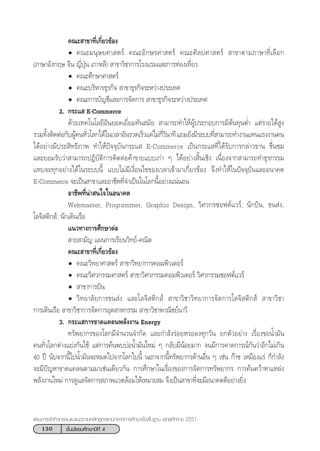 130 ™—Èπ¡—∏¬¡»÷°…“ªï∑’Ë 4
·ºπ°“√®—¥°‘®°√√¡·π–·π«µ“¡À≈—° Ÿµ√·°π°≈“ß°“√»÷°…“¢—Èπæ◊Èπ∞“π æÿ∑∏»—°√“™ 2551
§≥– “¢“∑’Ë‡°’Ë¬«¢âÕß
§≥–¡πÿ…¬»“ µ√å §≥–Õ—°…√»“ µ√å §≥–»‘≈ª»“ µ√å  “¢“µ“¡¿“…“∑’Ë‡≈◊Õ°
(¿“…“Õ—ß°ƒ… ®’π ≠’ËªÿÉπ ‡°“À≈’)  “¢“«‘™“°“√‚√ß·√¡·≈–°“√∑àÕß‡∑’Ë¬«
§≥–»÷°…“»“ µ√å
§≥–∫√‘À“√∏ÿ√°‘®  “¢“∏ÿ√°‘®√–À«à“ßª√–‡∑»
§≥–°“√∫—≠™’·≈–°“√®—¥°“√  “¢“∏ÿ√°‘®√–À«à“ßª√–‡∑»
2. °√–·  E-Commerce
¥â«¬‡∑§‚π‚≈¬’Õ—π¬Õ¥‡¬’Ë¬¡∑—π ¡—¬  “¡“√∂∑”„ÀâºŸâª√–°Õ∫°“√¡’µâπ∑ÿπµË” ·µà√“¬‰¥â Ÿß
√«¡∑—Èßµ‘¥µàÕ°—∫ºŸâ§π∑—Ë«‚≈°‰¥â„π‡«≈“Õ—π√«¥‡√Á«·§à‰¡à°’Ë«‘π“∑’·∂¡¬—ß¡’√–∫∫∑’Ë “¡“√∂∑”ß“π·∑π·√ßß“π§π
‰¥âÕ¬à“ß¡’ª√– ‘∑∏‘¿“æ ∑”„Àâªí®®ÿ∫—π°√–·  E-Commerce ‡ªìπ°√–· ∑’Ë‰¥â√—∫°“√°≈à“«¢“π ™◊Ëπ™¡
·≈–¬Õ¡√—∫«à“ “¡“√∂ªØ‘∫—µ‘°“√µ‘¥µàÕ§â“¢“¬·∫∫‡°à“ Ê ‰¥âÕ¬à“ß ‘Èπ‡™‘ß ‡π◊ËÕß®“° “¡“√∂∑”∏ÿ√°√√¡
·∑∫®–∑ÿ°Õ¬à“ß‰¥â„π√–∫∫π’È ·∫∫‰¡à¡’‡ß◊ËÕπ‰¢¢Õß‡«≈“‡¢â“¡“‡°’Ë¬«¢âÕß ®÷ß∑”„Àâ„πªí®®ÿ∫—π·≈–Õπ“§µ
E-Commerce ®–‡ªìπ “¢“·≈–Õ“™’æ∑’Ë®”‡ªìπ„π‚≈°π’ÈÕ¬à“ß·πàπÕπ
Õ“™’æ∑’Ëπà“ π„®„πÕπ“§µ
Webmaster, Programmer, Graphic Design, «‘»«°√´Õøµå·«√å, π—°∫‘π, ¢π àß,
‚≈®‘ µ‘° å, π—°‡¥‘π‡√◊Õ
·π«∑“ß°“√»÷°…“µàÕ
 “¬ “¡—≠ ·ºπ°“√‡√’¬π«‘∑¬å-§≥‘µ
§≥– “¢“∑’Ë‡°’Ë¬«¢âÕß
§≥–«‘∑¬“»“ µ√å  “¢“«‘∑¬“°“√§Õ¡æ‘«‡µÕ√å
§≥–«‘»«°√√¡»“ µ√å  “¢“«‘»«°√√¡§Õ¡æ‘«‡µÕ√å «‘»«°√√¡´Õøµå·«√å
 “¢“°“√∫‘π
«‘∑¬“≈—¬°“√¢π àß ·≈–‚≈®‘ µ‘° å  “¢“«‘™“«‘∑¬“°“√®—¥°“√‚≈®‘ µ‘° å  “¢“«‘™“
°“√‡¥‘π‡√◊Õ  “¢“«‘™“°“√®—¥°“√Õÿµ “À°√√¡  “¢“«‘™“æ“≥‘™¬åπ“«’
3. °√–· °“√¢“¥·§≈πæ≈—ßß“π Energy
∑√—æ¬“°√¢Õß‚≈°¡’®”π«π®”°—¥ ·≈–°”≈—ß√àÕ¬À√Õ≈ß∑ÿ°«—π ¬°µ—«Õ¬à“ß ‡√◊ËÕß¢ÕπÈ”¡—π
§π∑—Ë«‚≈°µà“ß·¬àß°—π„™â ·µà°“√§âπæ∫∫àÕπÈ”¡—π„À¡à Ê °≈—∫¡’πâÕ¬¡“° ®π¡’°“√§“¥°“√≥å°—π«à“Õ’°‰¡à‡°‘π
40 ªï π—∫®“°π’È‰ªπÈ”¡—π®–À¡¥‰ª®“°‚≈°„∫π’È πÕ°®“°π’È∑√—æ¬“°√¥â“πÕ◊Ëπ Ê ‡™àπ °ä“´ ‡À¡◊Õß·√à °Á°”≈—ß
®–¡’ªí≠À“¢“¥·§≈πµ“¡¡“‡™àπ‡¥’¬«°—π °“√»÷°…“„π‡√◊ËÕß¢Õß°“√®—¥°“√∑√—æ¬“°√ °“√§âπ§«â“À“·À≈àß
æ≈—ßß“π„À¡à °“√¥Ÿ·≈®—¥°“√ ¿“æ·«¥≈âÕ¡„Àâ‡À¡“– ¡ ®÷ß‡ªìπ “¢“∑’Ë®–¡’Õπ“§µ¥’Õ¬à“ß¬‘Ëß
 