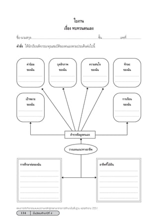 134 ™—Èπ¡—∏¬¡»÷°…“ªï∑’Ë 4
·ºπ°“√®—¥°‘®°√√¡·π–·π«µ“¡À≈—° Ÿµ√·°π°≈“ß°“√»÷°…“¢—Èπæ◊Èπ∞“π æÿ∑∏»—°√“™ 2551
™◊ËÕ-π“¡ °ÿ≈.......................................................................................™—Èπ........................‡≈¢∑’Ë...................
§” —Ëß „Àâπ—°‡√’¬πæ‘®“√≥“§ÿ≥ ¡∫—µ‘¢Õßµπ‡Õßµ“¡ª√–‡¥ÁπµàÕ‰ªπ’È
„∫ß“π
‡√◊ËÕß ∑∫∑«πµπ‡Õß
§à“π‘¬¡
¢Õß©—π
....................................
....................................
∫ÿ§≈‘°¿“æ
¢Õß©—π
....................................
....................................
§«“¡ π„®
¢Õß©—π
....................................
....................................
∑—°…–
¢Õß©—π
....................................
....................................
‡ªÑ“À¡“¬
¢Õß©—π
....................................
....................................
°“√‡√’¬π
¢Õß©—π
....................................
....................................
 ”√«®¢âÕ¡Ÿ≈µπ‡Õß
«“ß·ºπ·π«∑“ßÕ“™’æ
°“√»÷°…“µàÕ¢Õß©—π
..........................................................
.........................................................
..........................................................
.........................................................
..........................................................
.........................................................
Õ“™’æ∑’Ë„ΩÉΩíπ
..........................................................
.........................................................
..........................................................
.........................................................
..........................................................
.........................................................
 