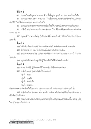 138 ™—Èπ¡—∏¬¡»÷°…“ªï∑’Ë 4
·ºπ°“√®—¥°‘®°√√¡·π–·π«µ“¡À≈—° Ÿµ√·°π°≈“ß°“√»÷°…“¢—Èπæ◊Èπ∞“π æÿ∑∏»—°√“™ 2551
™—Ë«‚¡ß∑’Ë 2
4.6 ∑∫∑«π‡√◊ËÕßÀ≈—° Ÿµ√·°π°≈“ß°“√»÷°…“¢—Èπæ◊Èπ∞“π æÿ∑∏»—°√“™ 2551 ®“°™—Ë«‚¡ß∑’Ë·≈â«
4.7 ·®°·∫∫ ”√«®π‘ —¬∑“ß°“√‡√’¬π ‚¥¬™’È·®ß«—µ∂ÿª√– ß§å·≈–«‘∏’°“√∑”·∫∫ ”√«®
‡πâπ„Àâπ—°‡√’¬π‰¥â ”√«®µπ‡ÕßµÕ∫µ“¡§«“¡‡ªìπ®√‘ß
4.8 ·®°·∫∫‡©≈¬°“√ ”√«®π‘ —¬∑“ß°“√‡√’¬π ‚¥¬„Àâπ—°‡√’¬π‡ªìπºŸâµ√«®§”µÕ∫¥â«¬µπ‡Õß
4.9 „Àâπ—°‡√’¬π √ÿªº≈®“°·∫∫ ”√«®≈ß„π„∫ß“π ‡√◊ËÕß π‘ —¬°“√‡√’¬π¢Õß©—π  ÿà¡∂“¡π—°‡√’¬π
®”π«π 2-3 §π
4.10 §√Ÿ·≈–π—°‡√’¬π√à«¡°—π √ÿª∂÷ß≈—°…≥–π‘ —¬„π°“√‡√’¬π∑’Ë∑”„Àâ°“√‡√’¬π¡’ª√– ‘∑∏‘¿“æ
¡“°¬‘Ëß¢÷Èπ
™—Ë«‚¡ß∑’Ë 3
4.11 „Àâπ—°‡√’¬π»÷°…“„∫§«“¡√Ÿâ ‡√◊ËÕß °“√‡√’¬πÕ¬à“ß¡’ª√– ‘∑∏‘¿“æ ·≈–Õ∏‘∫“¬‡æ‘Ë¡‡µ‘¡
4.12 π—°‡√’¬π∑”„∫ß“π ‡√◊ËÕß «‘∏’ªØ‘∫—µ‘µπ‡æ◊ËÕ‡æ‘Ë¡ª√– ‘∑∏‘¿“æ°“√‡√’¬π
4.13 ¢ÕÕ“ “ ¡—§√Õà“π«‘∏’ªØ‘∫—µ‘µπ‡æ◊ËÕ‡æ‘Ë¡ª√– ‘∑∏‘¿“æ°“√‡√’¬π®“°„∫ß“π„Àâ ¡“™‘°
„πÀâÕßøíß
4.14 §√Ÿ·≈–π—°‡√’¬π™à«¬°—π √ÿª«‘∏’ªØ‘∫—µ‘µπ‡æ◊ËÕπ”‰ª„™âª√–‚¬™πå„π°“√‡√’¬π
™—Ë«‚¡ß∑’Ë 4
4.15 ∑∫∑«π‡√◊ËÕß«‘∏’ªØ‘∫—µ‘µπ∑’Ë∑”„Àâ¡’º≈°“√‡√’¬π∑’Ë¥’¢÷Èπ®“°§√—Èß∑’Ëºà“π¡“
4.16 „Àâπ—°‡√’¬π·∫àß°≈ÿà¡µ“¡À—«¢âÕ∑’Ë°”Àπ¥„Àâ¥—ßπ’È
°≈ÿà¡∑’Ë 1 °“√®”
°≈ÿà¡∑’Ë 2 °“√øíß
°≈ÿà¡∑’Ë 3 °“√∫—π∑÷°
°≈ÿà¡∑’Ë 4 °“√Õà“π
™à«¬°—π√–¥¡§«“¡§‘¥‡ÀÁπ≈ß„π„∫ß“π ‡√◊ËÕß ‡∑§π‘§°“√‡√’¬π ·≈â« àßµ—«·∑πÕÕ°¡“π”‡ πÕÀπâ“™—Èπ
4.17 „Àâπ—°‡√’¬π»÷°…“„∫§«“¡√Ÿâ ‡√◊ËÕß ‡∑§π‘§°“√‡√’¬π ·≈â«√à«¡°—πÕ¿‘ª√“¬„π‡∑§π‘§∫“ßÕ¬à“ß
∑’Ëπ—°‡√’¬π‰¡à‰¥âπ”‡ πÕ
4.18 §√Ÿ·≈–π—°‡√’¬π™à«¬°—π √ÿª‡∑§π‘§°“√‡√’¬π∑’Ë∑”„Àâπ—°‡√’¬π¡’º≈°“√‡√’¬π¥’¢÷Èπ ·≈–π”‰ª„™â
„π°“√‡√’¬πÕ¬à“ß¡’ª√– ‘∑∏‘¿“æ
 