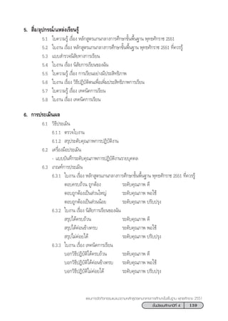 139™—Èπ¡—∏¬¡»÷°…“ªï∑’Ë 4
·ºπ°“√®—¥°‘®°√√¡·π–·π«µ“¡À≈—° Ÿµ√·°π°≈“ß°“√»÷°…“¢—Èπæ◊Èπ∞“π æÿ∑∏»—°√“™ 2551
5.  ◊ËÕ/Õÿª°√≥å/·À≈àß‡√’¬π√Ÿâ
5.1 „∫§«“¡√Ÿâ ‡√◊ËÕß À≈—° Ÿµ√·°π°≈“ß°“√»÷°…“¢—Èπæ◊Èπ∞“π æÿ∑∏»—°√“™ 2551
5.2 „∫ß“π ‡√◊ËÕß À≈—° Ÿµ√·°π°≈“ß°“√»÷°…“¢—Èπæ◊Èπ∞“π æÿ∑∏»—°√“™ 2551 ∑’Ë§«√√Ÿâ
5.3 ·∫∫ ”√«®π‘ —¬∑“ß°“√‡√’¬π
5.4 „∫ß“π ‡√◊ËÕß π‘ —¬°“√‡√’¬π¢Õß©—π
5.5 „∫§«“¡√Ÿâ ‡√◊ËÕß °“√‡√’¬πÕ¬à“ß¡’ª√– ‘∑∏‘¿“æ
5.6 „∫ß“π ‡√◊ËÕß «‘∏’ªØ‘∫—µ‘µπ‡æ◊ËÕ‡æ‘Ë¡ª√– ‘∑∏‘¿“æ°“√‡√’¬π
5.7 „∫§«“¡√Ÿâ ‡√◊ËÕß ‡∑§π‘§°“√‡√’¬π
5.8 „∫ß“π ‡√◊ËÕß ‡∑§π‘§°“√‡√’¬π
6. °“√ª√–‡¡‘πº≈
6.1 «‘∏’ª√–‡¡‘π
6.1.1 µ√«®„∫ß“π
6.1.2  √ÿª√–¥—∫§ÿ≥¿“æ°“√ªØ‘∫—µ‘ß“π
6.2 ‡§√◊ËÕß¡◊Õª√–‡¡‘π
- ·∫∫∫—π∑÷°√–¥—∫§ÿ≥¿“æ°“√ªØ‘∫—µ‘ß“π√“¬∫ÿ§§≈
6.3 ‡°≥±å°“√ª√–‡¡‘π
6.3.1 „∫ß“π ‡√◊ËÕß À≈—° Ÿµ√·°π°≈“ß°“√»÷°…“¢—Èπæ◊Èπ∞“π æÿ∑∏»—°√“™ 2551 ∑’Ë§«√√Ÿâ
µÕ∫§√∫∂â«π ∂Ÿ°µâÕß √–¥—∫§ÿ≥¿“æ ¥’
µÕ∫∂Ÿ°µâÕß‡ªìπ à«π„À≠à √–¥—∫§ÿ≥¿“æ æÕ„™â
µÕ∫∂Ÿ°µâÕß‡ªìπ à«ππâÕ¬ √–¥—∫§ÿ≥¿“æ ª√—∫ª√ÿß
6.3.2 „∫ß“π ‡√◊ËÕß π‘ —¬°“√‡√’¬π¢Õß©—π
 √ÿª‰¥â§√∫∂â«π √–¥—∫§ÿ≥¿“æ ¥’
 √ÿª‰¥â§àÕπ¢â“ß§√∫ √–¥—∫§ÿ≥¿“æ æÕ„™â
 √ÿª‰¡à§àÕ¬‰¥â √–¥—∫§ÿ≥¿“æ ª√—∫ª√ÿß
6.3.3 „∫ß“π ‡√◊ËÕß ‡∑§π‘§°“√‡√’¬π
∫Õ°«‘∏’ªØ‘∫—µ‘‰¥â§√∫∂â«π √–¥—∫§ÿ≥¿“æ ¥’
∫Õ°«‘∏’ªØ‘∫—µ‘‰¥â§àÕπ¢â“ß§√∫ √–¥—∫§ÿ≥¿“æ æÕ„™â
∫Õ°«‘∏’ªØ‘∫—µ‘‰¡à§àÕ¬‰¥â √–¥—∫§ÿ≥¿“æ ª√—∫ª√ÿß
 