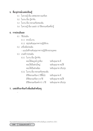 186 ™—Èπ¡—∏¬¡»÷°…“ªï∑’Ë 4
·ºπ°“√®—¥°‘®°√√¡·π–·π«µ“¡À≈—° Ÿµ√·°π°≈“ß°“√»÷°…“¢—Èπæ◊Èπ∞“π æÿ∑∏»—°√“™ 2551
5.  ◊ËÕ/Õÿª°√≥å/·À≈àß‡√’¬π√Ÿâ
5.1 „∫§«“¡√Ÿâ ‡√◊ËÕß ‡æ™√¶“µ§«“¡‡§√’¬¥
5.2 „∫ß“π ‡√◊ËÕß √Ÿâ‡∑à“∑—π
5.3 „∫ß“π ‡√◊ËÕß §≈“¬‡§√’¬¥¢Õß©—π
5.4 „∫§«“¡√Ÿâ ‡√◊ËÕß ·π–π” 10 «‘∏’§≈“¬‡§√’¬¥∑’Ëπà“√Ÿâ
6. °“√ª√–‡¡‘πº≈
6.1 «‘∏’ª√–‡¡‘π
6.1.1 µ√«®„∫ß“π
6.1.2  √ÿª√–¥—∫§ÿ≥¿“æ°“√ªØ‘∫—µ‘ß“π
6.2 ‡§√◊ËÕß¡◊Õª√–‡¡‘π
- ·∫∫∫—π∑÷°√–¥—∫§ÿ≥¿“æ°“√ªØ‘∫—µ‘ß“π√“¬∫ÿ§§≈
6.3 ‡°≥±å°“√ª√–‡¡‘π
6.3.1 „∫ß“π ‡√◊ËÕß √Ÿâ‡∑à“∑—π
µÕ∫‰¥â ¡∫Ÿ√≥å ∂Ÿ°µâÕß √–¥—∫§ÿ≥¿“æ ¥’
µÕ∫‰¥â‡ªìπ à«π„À≠à √–¥—∫§ÿ≥¿“æ æÕ„™â
µÕ∫‰¥â‡ªìπ à«ππâÕ¬ √–¥—∫§ÿ≥¿“æ ª√—∫ª√ÿß
6.3.2 „∫ß“π ‡√◊ËÕß §≈“¬‡§√’¬¥¢Õß©—π
¡’«‘∏’§≈“¬‡§√’¬¥ 5 «‘∏’¢÷Èπ‰ª √–¥—∫§ÿ≥¿“æ ¥’
¡’«‘∏’§≈“¬‡§√’¬¥ 3-4 «‘∏’ √–¥—∫§ÿ≥¿“æ æÕ„™â
¡’«‘∏’§≈“¬‡§√’¬¥µË”°«à“ 3 «‘∏’ √–¥—∫§ÿ≥¿“æ ª√—∫ª√ÿß
7. ·À≈àß»÷°…“§âπ§«â“‡æ‘Ë¡‡µ‘¡ ”À√—∫§√Ÿ
-
 
