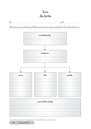 190 ™—Èπ¡—∏¬¡»÷°…“ªï∑’Ë 4
·ºπ°“√®—¥°‘®°√√¡·π–·π«µ“¡À≈—° Ÿµ√·°π°≈“ß°“√»÷°…“¢—Èπæ◊Èπ∞“π æÿ∑∏»—°√“™ 2551
™◊ËÕ...............................................................................................................‡≈¢∑’Ë......................................
„Àâπ—°‡√’¬π√–∫ÿ§«“¡‡§√’¬¥∑’Ë‡§¬‡°‘¥¢÷Èπ°—∫µπ‡Õß·≈â««‘‡§√“–Àåµ“¡ª√–‡¥Áπ¢â“ß≈à“ßπ’È ·≈â«‡¢’¬π≈ß„π°√Õ∫
„∫ß“π
‡√◊ËÕß √Ÿâ‡∑à“∑—π
§«“¡‡§√’¬¥¢Õß©—π
..........................................................................................................
 “‡Àµÿ¡“®“°
..........................................................................................................
..........................................................................................................
√à“ß°“¬
...................................................
...................................................
...................................................
...................................................
...................................................
...................................................
®‘µ„®
...................................................
...................................................
...................................................
...................................................
...................................................
...................................................
∫ÿ§§≈Õ◊Ëπ
...................................................
...................................................
...................................................
...................................................
...................................................
...................................................
·π«∑“ß·°â‰¢§«“¡‡§√’¬¥
.............................................................................................................................................................................................
............................................................................................................................................................................................
............................................................................................................................................................................................
............................................................................................................................................................................................
 