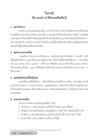 192 ™—Èπ¡—∏¬¡»÷°…“ªï∑’Ë 4
·ºπ°“√®—¥°‘®°√√¡·π–·π«µ“¡À≈—° Ÿµ√·°π°≈“ß°“√»÷°…“¢—Èπæ◊Èπ∞“π æÿ∑∏»—°√“™ 2551
„∫§«“¡√Ÿâ
‡√◊ËÕß ·π–π” 10 «‘∏’§≈“¬‡§√’¬¥∑’Ëπà“√Ÿâ
1. ÕÕ°°”≈—ß°“¬
§«√®–À“‡«≈“¢Õß·µà≈–«—πÕ¬à“ßπâÕ¬ 30 π“∑’ „π°“√ÕÕ°°”≈—ß°“¬ ‚¥¬‡≈◊Õ°°‘®°√√¡∑’Ë‡À¡“– ¡
°—∫§ÿ≥∑’Ë ÿ¥À“°Õ¬“°¡’·√ß®Ÿß„®„π°“√ÕÕ°°”≈—ß°“¬ ¢Õ·π–π”°’Ã“∑’Ë‡≈àπ‡ªìπÀ¡Ÿà§≥– Õ—π‰¥â·°à ·∫¥¡‘πµ—π
°Õ≈øá øÿµ∫Õ≈ À√◊Õ‡∑ππ‘ ∑’Ë°”≈—ßŒ‘µÕ¬Ÿà„π¢≥–π’È °’Ã“®–∑”„Àâ‡√“‰¥â√–∫“¬ÕÕ°´÷Ëß·√ß¢—∫¢Õß®‘µ„®„π¥â“πµà“ß Ê
‡™àπ §«“¡§—∫¢âÕß„® §«“¡‚°√∏ §«“¡‡ ’¬„® ‰¡àæÕ„® ·∂¡¬—ß‰¥â “√ ◊ËÕ§«“¡ ÿ¢ À√◊Õ “√‡Õπ‚¥øîπ°≈—∫¡“¥â«¬
·≈â«§ÿ≥°Á®–√Ÿâ ÷° ¥™◊Ëπ·≈–À≈—∫ ∫“¬Õ’°¥â«¬
2. æŸ¥√–∫“¬§«“¡‡§√’¬¥
°“√æŸ¥‡ªìπ°“√√–∫“¬§«“¡‡§√’¬¥ÕÕ°¡“ ·µàµâÕß‡≈◊Õ°∫ÿ§§≈∑’Ë§ÿ≥§‘¥«à“ ª≈Õ¥¿—¬ À«—ß¥’
‰¡à¡’æ‘…¿—¬°—∫µ—«§ÿ≥ ·≈–§«√¡’§«“¡Õ¥∑π Ÿß„π°“√øíß À√◊Õ∂â“À“‰¡à‰¥â°ÁÀ“ —µ«å‡≈’È¬ßµà“ß Ê ‰¡à«à“®–‡ªìπ
À¡“ ·¡« ª≈“∑Õß ®‘Èß®° ·¡≈ßµà“ß Ê °Á‰¥â √–∫“¬„Àâ¡—πøíß ‡æ√“–‡«≈“∑’Ë‡√“‰¥â√–∫“¬ÕÕ° ‡∑à“°—∫‡√“
‰¥â∑∫∑«πµ—«‡Õß‰ª¥â«¬ πÕ°®“°π’È¬—ß¡’∫√‘°“√„Àâ§”ª√÷°…“·π–π”∑“ß‚∑√»—æ∑å®“°Àπà«¬ß“πµà“ß Ê
„Àâ∫√‘°“√¥â«¬
3. πÕπÀ≈—∫æ—°ºàÕπ„Àâ‡æ’¬ßæÕ
®–™à«¬„Àâ§ÿ≥ ¥™◊Ëπ¢÷Èπ‰¥â¡“° ‡À¡◊Õπ‰¥â™“√å®·∫µ‡µÕ√’Ë„π√à“ß°“¬„À¡à ·µà§«√‡≈◊Õ° ∂“π∑’Ë
·≈–‡§√◊ËÕßπÕπ –Õ“¥ Õ“°“»∂à“¬‡∑ –¥«° Õÿ≥À¿Ÿ¡‘æÕ‡À¡“– ¡’‡ ’¬ßÀ√◊Õ· ß∑’Ë√∫°«π§ÿ≥‰¡à¡“°π—°
‚¥¬°”Àπ¥®‘µ„®°àÕππÕπ«à“ „Àâ‡√“ ¥™◊Ëπ ºàÕπ§≈“¬ ‡Õ“‡√◊ËÕß‡§√’¬¥ªí≠À“µà“ß Ê «“ß‰«âπÕ°µ—« ‰¡à‡Õ“¡“§‘¥
µÕππÕπÀ≈—∫
4. Õ“À“√§≈“¬‡§√’¬¥
Õ“À“√ “¡“√∂≈¥§«“¡‡§√’¬¥¢Õß§ÿ≥‰¥â¥â«¬ ‰¥â·°à
1. ∑√‘ª‚µø“π (1-2 °√—¡ °àÕππÕπ) æ∫‰¥â„π‰¢à ∂—Ë«‡À≈◊Õß π¡«—« ‡π◊ÈÕ —µ«å
2. «‘µ“¡‘π∫’ 6 (40 ¡‘≈≈‘°√—¡µàÕ«—π) æ∫„π∏—≠æ◊™µà“ß Ê ¬’ µå √”¢â“« ‡§√◊ËÕß„π ‡π◊ÈÕ ∂—Ë« º—°
3. «‘µ“¡‘π∫’ 3 (1,000 ¡‘≈≈‘°√—¡µàÕ«—π) æ∫„πµ—∫ ‡§√◊ËÕß„π ‡π◊ÈÕ ‡ªì¥ ‰°à ª≈“ ∂—Ë« ¬’ µå
4.  “√Õ“À“√Õ◊Ëπ Ê ‡™àπ ·§≈‡´’¬¡ °√–‡∑’¬¡ ¥Õ°‰¡â®’π
 