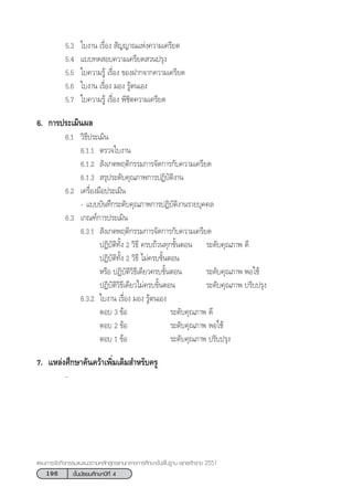 196 ™—Èπ¡—∏¬¡»÷°…“ªï∑’Ë 4
·ºπ°“√®—¥°‘®°√√¡·π–·π«µ“¡À≈—° Ÿµ√·°π°≈“ß°“√»÷°…“¢—Èπæ◊Èπ∞“π æÿ∑∏»—°√“™ 2551
5.3 „∫ß“π ‡√◊ËÕß  —≠≠“≥·Ààß§«“¡‡§√’¬¥
5.4 ·∫∫∑¥ Õ∫§«“¡‡§√’¬¥ «πª√ÿß
5.5 „∫§«“¡√Ÿâ ‡√◊ËÕß ¢ÕßΩ“°®“°§«“¡‡§√’¬¥
5.6 „∫ß“π ‡√◊ËÕß ¡Õß √Ÿâµπ‡Õß
5.7 „∫§«“¡√Ÿâ ‡√◊ËÕß æ‘™‘µ§«“¡‡§√’¬¥
6. °“√ª√–‡¡‘πº≈
6.1 «‘∏’ª√–‡¡‘π
6.1.1 µ√«®„∫ß“π
6.1.2  —ß‡°µæƒµ‘°√√¡°“√®—¥°“√°—∫§«“¡‡§√’¬¥
6.1.3  √ÿª√–¥—∫§ÿ≥¿“æ°“√ªØ‘∫—µ‘ß“π
6.2 ‡§√◊ËÕß¡◊Õª√–‡¡‘π
- ·∫∫∫—π∑÷°√–¥—∫§ÿ≥¿“æ°“√ªØ‘∫—µ‘ß“π√“¬∫ÿ§§≈
6.3 ‡°≥±å°“√ª√–‡¡‘π
6.3.1  —ß‡°µæƒµ‘°√√¡°“√®—¥°“√°—∫§«“¡‡§√’¬¥
ªØ‘∫—µ‘∑—Èß 2 «‘∏’ §√∫∂â«π∑ÿ°¢—ÈπµÕπ √–¥—∫§ÿ≥¿“æ ¥’
ªØ‘∫—µ‘∑—Èß 2 «‘∏’ ‰¡à§√∫¢—ÈπµÕπ
À√◊Õ ªØ‘∫—µ‘«‘∏’‡¥’¬«§√∫¢—ÈπµÕπ √–¥—∫§ÿ≥¿“æ æÕ„™â
ªØ‘∫—µ‘«‘∏’‡¥’¬«‰¡à§√∫¢—ÈπµÕπ √–¥—∫§ÿ≥¿“æ ª√—∫ª√ÿß
6.3.2 „∫ß“π ‡√◊ËÕß ¡Õß √Ÿâµπ‡Õß
µÕ∫ 3 ¢âÕ √–¥—∫§ÿ≥¿“æ ¥’
µÕ∫ 2 ¢âÕ √–¥—∫§ÿ≥¿“æ æÕ„™â
µÕ∫ 1 ¢âÕ √–¥—∫§ÿ≥¿“æ ª√—∫ª√ÿß
7. ·À≈àß»÷°…“§âπ§«â“‡æ‘Ë¡‡µ‘¡ ”À√—∫§√Ÿ
-
 