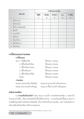 202 ™—Èπ¡—∏¬¡»÷°…“ªï∑’Ë 4
·ºπ°“√®—¥°‘®°√√¡·π–·π«µ“¡À≈—° Ÿµ√·°π°≈“ß°“√»÷°…“¢—Èπæ◊Èπ∞“π æÿ∑∏»—°√“™ 2551
¡“°∑’Ë ÿ¥
5
√–¥—∫¢Õß§«“¡‡§√’¬¥
¡“°
4
ª“π°≈“ß
3
‡≈Á°πâÕ¬
2
‰¡à√Ÿâ ÷°
1
12. √Ÿâ ÷°«‘µ°°—ß«≈
13. √Ÿâ ÷°§—∫¢âÕß„®
14. √Ÿâ ÷°‚°√∏ À√◊ÕÀßÿ¥Àß‘¥
15. √Ÿâ ÷°‡»√â“
16. §«“¡®”‰¡à¥’
17. √Ÿâ ÷° —∫ π
18. µ—Èß ¡“∏‘≈”∫“°
19. √Ÿâ ÷°‡Àπ◊ËÕ¬ßà“¬
20. ‡ªìπÀ«—¥∫àÕ¬
°“√„Àâ§–·ππ·≈–°“√·ª≈º≈
°“√„Àâ§–·ππ
µÕ∫ 1 / ‰¡à√Ÿâ ÷°‡§√’¬¥ „Àâ§–·ππ 1 §–·ππ
2 / √Ÿâ ÷°‡§√’¬¥‡≈Á°πâÕ¬ „Àâ§–·ππ 2 §–·ππ
3 / √Ÿâ ÷°‡§√’¬¥ª“π°≈“ß „Àâ§–·ππ 3 §–·ππ
4 / √Ÿâ ÷°‡§√’¬¥¡“° „Àâ§–·ππ 4 §–·ππ
5 / √Ÿâ ÷°‡§√’¬¥¡“°∑’Ë ÿ¥ „Àâ§–·ππ 5 §–·ππ
‰¡àµÕ∫ „Àâ§–·ππ 0 §–·ππ
°“√·ª≈º≈
§–·ππ 0-24 À¡“¬∂÷ß ‡§√’¬¥πâÕ¬ §–·ππ 25-42 À¡“¬∂÷ß ‡§√’¬¥ª“π°≈“ß
§–·ππ 43-62 À¡“¬∂÷ß ‡§√’¬¥ Ÿß §–·ππ 63 ¢÷Èπ‰ª À¡“¬∂÷ß ‡§√’¬¥√ÿπ·√ß
√–¥—∫§«“¡‡§√’¬¥
1. §«“¡‡§√’¬¥„π√–¥—∫µÌË“ (Mild Stress) À¡“¬∂÷ß §«“¡‡§√’¬¥¢π“¥πâÕ¬ Ê ·≈–À“¬‰ª
„π√–¬–‡«≈“Õ—π —Èπ ‡ªìπ§«“¡‡§√’¬¥∑’Ë‡°‘¥¢÷Èπ„π™’«‘µª√–®”«—π §«“¡‡§√’¬¥√–¥—∫π’È‰¡à§ÿ°§“¡µàÕ°“√
¥”‡π‘π™’«‘µ∫ÿ§§≈¡’°“√ª√—∫µ—«Õ¬à“ßÕ—µ‚π¡—µ‘ ‡ªìπ°“√ª√—∫µ—«¥â«¬§«“¡‡§¬™‘π ·≈–°“√ª√—∫µ—«µâÕß°“√
æ≈—ßß“π‡æ’¬ß‡≈Á°πâÕ¬‡ªìπ¿“«–∑’Ë√à“ß°“¬ºàÕπ§≈“¬
‡Àµÿ°“√≥å
 