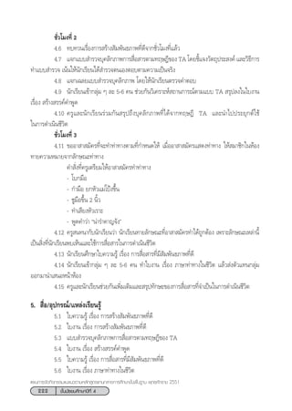 222 ™—Èπ¡—∏¬¡»÷°…“ªï∑’Ë 4
·ºπ°“√®—¥°‘®°√√¡·π–·π«µ“¡À≈—° Ÿµ√·°π°≈“ß°“√»÷°…“¢—Èπæ◊Èπ∞“π æÿ∑∏»—°√“™ 2551
™—Ë«‚¡ß∑’Ë 2
4.6 ∑∫∑«π‡√◊ËÕß°“√ √â“ß —¡æ—π∏¿“æ∑’Ë¥’®“°™—Ë«‚¡ß∑’Ë·≈â«
4.7 ·®°·∫∫ ”√«®∫ÿ§≈‘°¿“æ°“√ ◊ËÕ “√µ“¡∑ƒ…Æ’¢Õß TA ‚¥¬™’È·®ß«—µ∂ÿª√– ß§å ·≈–«‘∏’°“√
∑”·∫∫ ”√«® ‡πâπ„Àâπ—°‡√’¬π‰¥â ”√«®µπ‡ÕßµÕ∫µ“¡§«“¡‡ªìπ®√‘ß
4.8 ·®°‡©≈¬·∫∫ ”√«®∫ÿ§≈‘°¿“æ ‚¥¬„Àâπ—°‡√’¬πµ√«®§”µÕ∫
4.9 π—°‡√’¬π‡¢â“°≈ÿà¡ Ê ≈– 5-6 §π ™à«¬°—π«‘‡§√“–Àå ∂“π°“√≥åµ“¡·∫∫ TA  √ÿª≈ß„π„∫ß“π
‡√◊ËÕß  √â“ß √√§å§”æŸ¥
4.10 §√Ÿ·≈–π—°‡√’¬π√à«¡°—π √ÿª∂÷ß∫ÿ§≈‘°¿“æ∑’Ë‰¥â®“°∑ƒ…Æ’ TA ·≈–π”‰ªª√–¬ÿ°µå„™â
„π°“√¥”‡π‘π™’«‘µ
™—Ë«‚¡ß∑’Ë 3
4.11 ¢ÕÕ“ “ ¡—§√∑’Ë®–∑”∑à“∑“ßµ“¡∑’Ë°”Àπ¥„Àâ ‡¡◊ËÕÕ“ “ ¡—§√· ¥ß∑à“∑“ß „Àâ ¡“™‘°„πÀâÕß
∑“¬§«“¡À¡“¬®“°≈—°…≥–∑à“∑“ß
§” —Ëß∑’Ë§√Ÿ‡µ√’¬¡„ÀâÕ“ “ ¡—§√∑”∑à“∑“ß
- ‚∫°¡◊Õ
- °”¡◊Õ ¬°À—«·¡à‚ªÑß¢÷Èπ
- ™Ÿ¡◊Õ¢÷Èπ 2 π‘È«
- ∑”‡ ’¬ßÀ—«‡√“–
- æŸ¥§”«à“ çπà“√”§“≠®—ßé
4.12 §√Ÿ π∑π“°—∫π—°‡√’¬π«à“ π—°‡√’¬π∑“¬≈—°…≥–∑’ËÕ“ “ ¡—§√∑”‰¥â∂Ÿ°µâÕß ‡æ√“–≈—°…≥–‡À≈à“π’È
‡ªìπ ‘Ëß∑’Ëπ—°‡√’¬πæ∫‡ÀÁπ·≈–„™â°“√ ◊ËÕ “√„π°“√¥”‡π‘π™’«‘µ
4.13 π—°‡√’¬π»÷°…“„∫§«“¡√Ÿâ ‡√◊ËÕß °“√ ◊ËÕ “√∑’Ë¡’ —¡æ—π∏¿“æ∑’Ë¥’
4.14 π—°‡√’¬π‡¢â“°≈ÿà¡ Ê ≈– 5-6 §π ∑”„∫ß“π ‡√◊ËÕß ¿“…“∑à“∑“ß„π™’«‘µ ·≈â« àßµ—«·∑π°≈ÿà¡
ÕÕ°¡“π”‡ πÕÀπâ“ÀâÕß
4.15 §√Ÿ·≈–π—°‡√’¬π™à«¬°—π‡æ‘Ë¡‡µ‘¡·≈– √ÿª∑—°…–¢Õß°“√ ◊ËÕ “√∑’Ë®”‡ªìπ„π°“√¥”‡π‘π™’«‘µ
5.  ◊ËÕ/Õÿª°√≥å/·À≈àß‡√’¬π√Ÿâ
5.1 „∫§«“¡√Ÿâ ‡√◊ËÕß °“√ √â“ß —¡æ—π∏¿“æ∑’Ë¥’
5.2 „∫ß“π ‡√◊ËÕß °“√ √â“ß —¡æ—π∏¿“æ∑’Ë¥’
5.3 ·∫∫ ”√«®∫ÿ§≈‘°¿“æ°“√ ◊ËÕ “√µ“¡∑ƒ…Æ’¢Õß TA
5.4 „∫ß“π ‡√◊ËÕß  √â“ß √√§å§”æŸ¥
5.5 „∫§«“¡√Ÿâ ‡√◊ËÕß °“√ ◊ËÕ “√∑’Ë¡’ —¡æ—π∏¿“æ∑’Ë¥’
5.6 „∫ß“π ‡√◊ËÕß ¿“…“∑à“∑“ß„π™’«‘µ
 