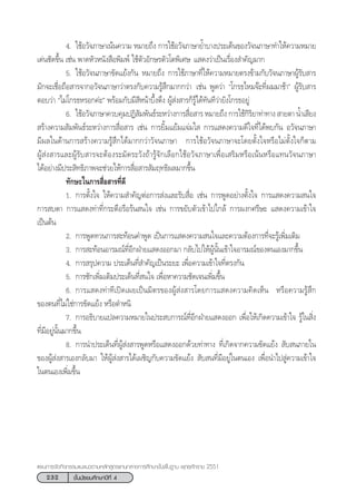 232 ™—Èπ¡—∏¬¡»÷°…“ªï∑’Ë 4
·ºπ°“√®—¥°‘®°√√¡·π–·π«µ“¡À≈—° Ÿµ√·°π°≈“ß°“√»÷°…“¢—Èπæ◊Èπ∞“π æÿ∑∏»—°√“™ 2551
4. „™âÕ«—®¿“…“‡πâπ§«“¡ À¡“¬∂÷ß °“√„™âÕ«—®¿“…“¬È”∫“ßª√–‡¥Áπ¢Õß«—®π¿“…“∑”„Àâ§«“¡À¡“¬
‡¥àπ™—¥¢÷Èπ ‡™àπ æ“¥À—«Àπ—ß ◊Õæ‘¡æå „™âµ—«Õ—°…√µ—«‚µæ‘‡»… †· ¥ß«à“‡ªìπ‡√◊ËÕß ”§—≠¡“°
5. „™âÕ«—®π¿“…“¢—¥·¬âß°—π À¡“¬∂÷ß °“√„™â¿“…“∑’Ë„Àâ§«“¡À¡“¬µ√ß¢â“¡°—∫«—®π¿“…“ºŸâ√—∫ “√
¡—°®–‡™◊ËÕ∂◊Õ “√®“°Õ«—®π¿“…“«à“µ√ß°—∫§«“¡√Ÿâ ÷°¡“°°«à“ †‡™àπ æŸ¥«à“ ç‚°√∏‰À¡®ä–∑’Ëº¡¡“™â“é ºŸâ√—∫ “√
µÕ∫«à“ ç‰¡à‚°√∏À√Õ°§à–é æ√âÕ¡°—∫¡’ ’Àπâ“∫÷Èßµ÷ß ºŸâ àß “√°Á√Ÿâ‰¥â∑—π∑’«à“¬—ß‚°√∏Õ¬Ÿà
6. „™âÕ«—®¿“…“§«∫§ÿ¡ªØ‘ —¡æ—π∏å√–À«à“ß°“√ ◊ËÕ “√ À¡“¬∂÷ß °“√„™â°‘√‘¬“∑à“∑“ß  “¬µ“ πÈ”‡ ’¬ß
 √â“ß§«“¡ —¡æ—π∏å√–À«à“ß°“√ ◊ËÕ “√ ‡™àπ °“√¬‘È¡·¬â¡·®à¡„  °“√· ¥ß§«“¡¥’„®∑’Ë‰¥âæ∫°—π Õ«—®π¿“…“
¡’º≈„π¥â“π°“√ √â“ß§«“¡√Ÿâ ÷°‰¥â¡“°°«à“«—®π¿“…“ †°“√„™âÕ«—®π¿“…“®–‚¥¬µ—Èß„®À√◊Õ‰¡àµ—Èß„®°Áµ“¡
ºŸâ àß “√·≈–ºŸâ√—∫ “√®–µâÕß√–¡—¥√–«—ß∂â“√Ÿâ®—°‡≈◊Õ°„™âÕ«—®¿“…“‡æ◊ËÕ‡ √‘¡À√◊Õ‡πâπÀ√◊Õ·∑π«—®π¿“…“
‰¥âÕ¬à“ß¡’ª√– ‘∑∏‘¿“æ®–™à«¬„Àâ°“√ ◊ËÕ “√ —¡ƒ∑∏‘º≈¡“°¢÷Èπ
∑—°…–„π°“√ ◊ËÕ “√∑’Ë¥’
1. °“√µ—Èß„® „Àâ§«“¡ ”§—≠µàÕ°“√ àß·≈–√—∫ ◊ËÕ ‡™àπ °“√æŸ¥Õ¬à“ßµ—Èß„® °“√· ¥ß§«“¡ π„®
°“√ ∫µ“ °“√· ¥ß∑à“∑’Ë°√–µ◊Õ√◊Õ√âπ π„® ‡™àπ °“√¢¬—∫µ—«‡¢â“‰ª„°≈â °“√ºß°»√’…– · ¥ß§«“¡‡¢â“„®
‡ªìπµâπ
2. °“√æŸ¥∑«π°“√ –∑âÕπ§”æŸ¥ ‡ªìπ°“√· ¥ß§«“¡ π„®·≈–§«“¡µâÕß°“√∑’Ë®–√Ÿâ‡æ‘Ë¡‡µ‘¡
3. °“√ –∑âÕπÕ“√¡≥å∑’ËÕ’°ΩÉ“¬· ¥ßÕÕ°¡“ °≈—∫‰ª„ÀâºŸâπ—Èπ‡¢â“„®Õ“√¡≥å¢Õßµπ‡Õß¡“°¢÷Èπ
4. °“√ √ÿª§«“¡ ª√–‡¥Áπ∑’Ë ”§—≠‡ªìπ√–¬– ‡æ◊ËÕ§«“¡‡¢â“„®∑’Ëµ√ß°—π
5. °“√´—°‡æ‘Ë¡‡µ‘¡ª√–‡¥Áπ∑’Ë π„® ‡æ◊ËÕÀ“§«“¡™—¥‡®π‡æ‘Ë¡¢÷Èπ
6. °“√· ¥ß∑à“∑’‡ªî¥‡º¬‡ªìπ¡‘µ√¢ÕßºŸâ àß “√‚¥¬°“√· ¥ß§«“¡§‘¥‡ÀÁπ À√◊Õ§«“¡√Ÿâ ÷°
¢Õßµπ∑’Ë‰¡à„™à°“√¢—¥·¬âß À√◊Õµ”Àπ‘
7. °“√Õ∏‘∫“¬·ª≈§«“¡À¡“¬„πª√– ∫°“√≥å∑’ËÕ’°ΩÉ“¬· ¥ßÕÕ° ‡æ◊ËÕ„Àâ‡°‘¥§«“¡‡¢â“„® √Ÿâ„π ‘Ëß
∑’Ë¡’Õ¬Ÿàπ—Èπ¡“°¢÷Èπ
8. °“√π”ª√–‡¥Áπ∑’ËºŸâ àß “√æŸ¥À√◊Õ· ¥ßÕÕ°¥â«¬∑à“∑“ß ∑’Ë‡°‘¥®“°§«“¡¢—¥·¬âß  —∫ π¿“¬„π
¢ÕßºŸâ àß “√‡Õß°≈—∫¡“ „ÀâºŸâ àß “√‰¥â‡º™‘≠°—∫§«“¡¢—¥·¬âß  —∫ π∑’Ë¡’Õ¬Ÿà„πµπ‡Õß ‡æ◊ËÕπ”‰ª Ÿà§«“¡‡¢â“„®
„πµπ‡Õß‡æ‘Ë¡¢÷Èπ
 