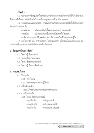 17™—Èπ¡—∏¬¡»÷°…“ªï∑’Ë 4
·ºπ°“√®—¥°‘®°√√¡·π–·π«µ“¡À≈—° Ÿµ√·°π°≈“ß°“√»÷°…“¢—Èπæ◊Èπ∞“π æÿ∑∏»—°√“™ 2551
™—Ë«‚¡ß∑’Ë 2
4.5 π”Õ“√¡≥å®“°¢âÕ √ÿª„π™—Ë«‚¡ß∑’Ë1¡“«‘‡§√“–Àå«à“·µà≈–Õ“√¡≥å‡°‘¥®“°Õ–‰√‰¥â∫â“ß‡ªìπÕ“√¡≥å
¥â“π∫«°À√◊Õ¥â“π≈∫ ‚¥¬∫—π∑÷°≈ß„π„∫ß“π ‡√◊ËÕß ‡Àµÿ·ÀàßÕ“√¡≥å (∑”‡ªìπ√“¬∫ÿ§§≈)
4.6 §√Ÿ·≈–π—°‡√’¬π√à«¡°—π √ÿª«à“ Õ“√¡≥å‡ªìπ°“√· ¥ßÕÕ°¢Õß ¿“«–®‘µ„®∑’Ë¡’ ‘Ëß‡√â“¡“°√–∑∫
®”·π°‰¥â 2 ª√–‡¿∑ §◊Õ
Õ“√¡≥å∫«° ‡ªìπÕ“√¡≥å∑’Ë‡°‘¥¢÷Èπ®“°§«“¡ ∫“¬„® §«“¡ ¡À«—ß
Õ“√¡≥å≈∫ ‡ªìπÕ“√¡≥å∑’Ë‡°‘¥¢÷Èπ®“°§«“¡‰¡à ∫“¬„® ‰¡à ¡À«—ß
°“√¡’Õ“√¡≥å∫«°®–∑”„Àâ∫ÿ§§≈¡’§«“¡ ÿ¢ ¡’§«“¡ ¡À«—ß ‡¢â“„®µπ‡Õß·≈–ºŸâÕ◊Ëπ
4.7 ·®°„∫§«“¡√Ÿâ ‡√◊ËÕß °“√§‘¥‡™‘ß∫«° „Àâπ—°‡√’¬π»÷°…“ ‡æ◊ËÕæ—≤π“„Àâ‡ªìπ§π§‘¥∫«° ‡æ◊ËÕ
°“√¡’Õ“√¡≥å∫«° Õ—π®– àßº≈¥’µàÕ™’«‘µ¢Õßπ—°‡√’¬π„πÕπ“§µ
5.  ◊ËÕ/Õÿª°√≥å/·À≈àß‡√’¬π√Ÿâ
5.1 „∫§«“¡√Ÿâ ‡√◊ËÕß Õ“√¡≥å
5.2 „∫ß“π ‡√◊ËÕß ª√Õ∑Õ“√¡≥å
5.3 „∫ß“π ‡√◊ËÕß ‡Àµÿ·ÀàßÕ“√¡≥å
5.4 „∫§«“¡√Ÿâ ‡√◊ËÕß °“√§‘¥‡™‘ß∫«°
6. °“√ª√–‡¡‘πº≈
6.1 «‘∏’ª√–‡¡‘π
6.1.1 µ√«®„∫ß“π
6.1.2  √ÿª√–¥—∫§ÿ≥¿“æ°“√ªØ‘∫—µ‘ß“π
6.2 ‡§√◊ËÕß¡◊Õª√–‡¡‘π
- ·∫∫∫—π∑÷°√–¥—∫§ÿ≥¿“æ°“√ªØ‘∫—µ‘ß“π√“¬∫ÿ§§≈
6.3 ‡°≥±å°“√ª√–‡¡‘π
6.3.1 „∫ß“π ‡√◊ËÕß ª√Õ∑Õ“√¡≥å
µÕ∫‰¥â 4 ¢âÕ √–¥—∫§ÿ≥¿“æ ¥’
µÕ∫‰¥â 2-3 ¢âÕ √–¥—∫§ÿ≥¿“æ æÕ„™â
µÕ∫‰¥â 1 ¢âÕ √–¥—∫§ÿ≥¿“æ ª√—∫ª√ÿß
 
