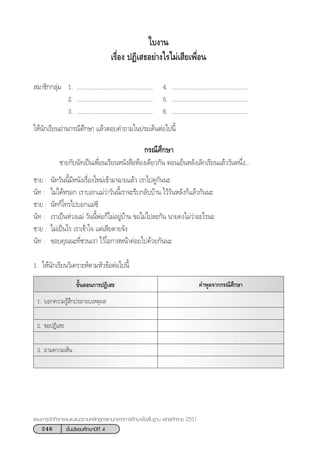 248 ™—Èπ¡—∏¬¡»÷°…“ªï∑’Ë 4
·ºπ°“√®—¥°‘®°√√¡·π–·π«µ“¡À≈—° Ÿµ√·°π°≈“ß°“√»÷°…“¢—Èπæ◊Èπ∞“π æÿ∑∏»—°√“™ 2551
„∫ß“π
‡√◊ËÕß ªØ‘‡ ∏Õ¬à“ß‰√‰¡à‡ ’¬‡æ◊ËÕπ
 ¡“™‘°°≈ÿà¡ 1. ................................................. 4. .................................................
2. ................................................. 5. .................................................
3. ................................................. 6. .................................................
„Àâπ—°‡√’¬πÕà“π°√≥’»÷°…“ ·≈â«µÕ∫§”∂“¡„πª√–‡¥ÁπµàÕ‰ªπ’È
°√≥’»÷°…“
™“¬°—∫π—∑‡ªìπ‡æ◊ËÕπ‡√’¬πÀπ—ß ◊ÕÀâÕß‡¥’¬«°—π µÕπ‡¬ÁπÀ≈—ß‡≈‘°‡√’¬π·≈â««—πÀπ÷Ëß...
™“¬ : π—∑«—ππ’È¡’Àπ—ß‡√◊ËÕß„À¡à‡¢â“¡“©“¬·≈â« ‡√“‰ª¥Ÿ°—ππ–
π—∑ : ‰¡à‰¥âÀ√Õ° ‡√“∫Õ°·¡à«à“«—ππ’È‡√“®–√’∫°≈—∫∫â“π ‰«â«—πÀ≈—ß°Á·≈â«°—ππ–
™“¬ : π—∑°Á‚∑√‰ª∫Õ°·¡à´‘
π—∑ : ‡√“‡ªìπÀà«ß·¡à «—ππ’ÈæàÕ°Á‰¡àÕ¬Ÿà∫â“π ¢Õ‰¡à‰ª≈–°—π π“¬§ß‰¡à«à“Õ–‰√π–
™“¬ : ‰¡à‡ªìπ‰√ ‡√“‡¢â“„® ·µà‡ ’¬¥“¬®—ß
π—∑ : ¢Õ∫§ÿ≥π–∑’Ë™«π‡√“ ‰«â‚Õ°“ Àπâ“§àÕ¬‰ª¥â«¬°—ππ–
1. „Àâπ—°‡√’¬π«‘‡§√“–Àåµ“¡À—«¢âÕµàÕ‰ªπ’È
¢—ÈπµÕπ°“√ªØ‘‡ ∏ §”æŸ¥®“°°√≥’»÷°…“
1. ∫Õ°§«“¡√Ÿâ ÷°ª√–°Õ∫‡Àµÿº≈
2. ¢ÕªØ‘‡ ∏
3. ∂“¡§«“¡‡ÀÁπ
 