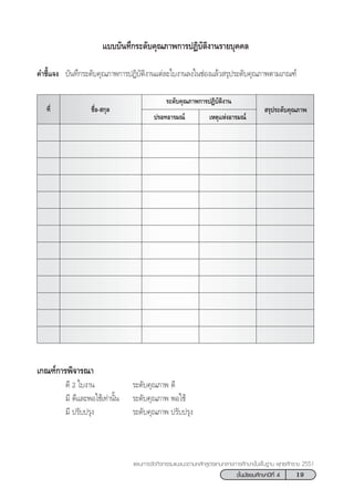 19™—Èπ¡—∏¬¡»÷°…“ªï∑’Ë 4
·ºπ°“√®—¥°‘®°√√¡·π–·π«µ“¡À≈—° Ÿµ√·°π°≈“ß°“√»÷°…“¢—Èπæ◊Èπ∞“π æÿ∑∏»—°√“™ 2551
™◊ËÕ- °ÿ≈  √ÿª√–¥—∫§ÿ≥¿“æ∑’Ë
·∫∫∫—π∑÷°√–¥—∫§ÿ≥¿“æ°“√ªØ‘∫—µ‘ß“π√“¬∫ÿ§§≈
§”™’È·®ß ∫—π∑÷°√–¥—∫§ÿ≥¿“æ°“√ªØ‘∫—µ‘ß“π·µà≈–„∫ß“π≈ß„π™àÕß·≈â« √ÿª√–¥—∫§ÿ≥¿“æµ“¡‡°≥±å
√–¥—∫§ÿ≥¿“æ°“√ªØ‘∫—µ‘ß“π
ª√Õ∑Õ“√¡≥å ‡Àµÿ·ÀàßÕ“√¡≥å
‡°≥±å°“√æ‘®“√≥“
¥’ 2 „∫ß“π √–¥—∫§ÿ≥¿“æ ¥’
¡’ ¥’·≈–æÕ„™â‡∑à“π—Èπ √–¥—∫§ÿ≥¿“æ æÕ„™â
¡’ ª√—∫ª√ÿß √–¥—∫§ÿ≥¿“æ ª√—∫ª√ÿß
 