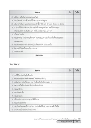 39™—Èπ¡—∏¬¡»÷°…“ªï∑’Ë 4
·ºπ°“√®—¥°‘®°√√¡·π–·π«µ“¡À≈—° Ÿµ√·°π°≈“ß°“√»÷°…“¢—Èπæ◊Èπ∞“π æÿ∑∏»—°√“™ 2551
¢âÕ§«“¡ ‰¡à„™à„™à
25. ‡¢â“„®§«“¡ —¡æ—π∏å¢Õß‡Àµÿ·≈–º≈‡°‘π«—¬
26. ™Õ∫«‘‡§√“–Àå «‘æ“°…å «‘®“√≥å‡√◊ËÕßµà“ß Ê Õ¬à“ß¡’‡Àµÿº≈
27. ‡ªìπ§π™à“ß —ß‡°µ ·≈–¡—° —ß‡°µÕ¬à“ß≈÷°´÷Èß„°≈â™‘¥ ‡™àπ ‡ΩÑ“¡Õß¥Ÿ ®—∫µâÕß ¥¡ ‡ªìπµâπ
28.  “¡“√∂‚µâ·¬âß µ—Èß§”∂“¡ ´—°∂“¡À√◊ÕÕ∏‘∫“¬‡Àµÿº≈µà“ß Ê ‚¥¬„™âÀ≈—°‡Àµÿº≈
À√◊Õ‡ß◊ËÕπ‰¢µà“ß Ê ‡™àπ ∂â“...·≈â« ¥—ßπ—Èπ...‡æ√“– ∂â“‰¡à...·≈â« œ≈œ
29. ‡ªìπ§π™à“ß ß —¬
30. ™Õ∫®—¥≈”¥—∫ ®—¥À¡«¥À¡Ÿà ‘Ëßµà“ß Ê „Àâ‡ªìπ√–∫∫À√◊Õ‡ªìπ¢—ÈπµÕπ∑—Èß ‘Ëß∑’Ë‡ªìπ√Ÿª∏√√¡
·≈–π“¡∏√√¡
31. ™Õ∫ – ¡¢Õß·≈â«π”¡“ª√–¥‘…∞å‡ªìπ ‘Ëß¢Õßµà“ß Ê Õ¬à“ßπà“ π„®
32. ¡’§«“¡§‘¥√‘‡√‘Ë¡ √â“ß √√§å„π°“√∑”ß“π
33. ¡’®‘πµπ“°“√¥’
√«¡§–·ππ
«—¥·««π—°¿“…“
¢âÕ§«“¡ ‰¡à„™à„™à
1. æŸ¥‰¥â‡√Á«°«à“‡¥Á°„π«—¬‡¥’¬«°—π
2. ™Õ∫∑àÕß·≈–®¥®”»—æ∑å ∫∑π‘æπ∏å ‚§≈ß °≈Õπµà“ß Ê
3.  π„®Õà“π∑ÿ°Õ¬à“ß∑’Ëºà“πæ∫ ‡™àπ ªÑ“¬™◊ËÕ À√◊ÕªÑ“¬¢âÕ§«“¡µà“ß Ê
4. ¡’§«“¡ π„®∑’Ë®–‡¢’¬πÀπ—ß ◊Õ°àÕπ‡¥Á°«—¬‡¥’¬«°—π
5. ™Õ∫‡≈à“π‘∑“π
6. ™Õ∫Õà“πÀπ—ß ◊Õ
7. ™Õ∫®¥∫—π∑÷°
8. ‡¢â“√à«¡°‘®°√√¡∑“ß¿“…“∑ÿ°§√—Èß∑’Ë¡’‚Õ°“ 
9. ™Õ∫¡’Àπ—ß ◊Õµ‘¥µ—«
10. ™Õ∫‡¢’¬π‡√◊ËÕß ·µàß‡√◊ËÕß√“«µà“ß Ê ∫∑ª√–æ—π∏å ‚§≈ß °≈Õπ  “√§¥’ ‡ªìπµâπ
11. Õà“πÀπ—ß ◊Õ‰¥â‡Õß°àÕπ‡¥Á°«—¬‡¥’¬«°—π
 
