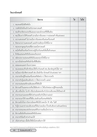 42 ™—Èπ¡—∏¬¡»÷°…“ªï∑’Ë 4
·ºπ°“√®—¥°‘®°√√¡·π–·π«µ“¡À≈—° Ÿµ√·°π°≈“ß°“√»÷°…“¢—Èπæ◊Èπ∞“π æÿ∑∏»—°√“™ 2551
¢âÕ§«“¡ ‰¡à„™à„™à
1. ™Õ∫¥πµ√’‡ªìπ™’«‘µ®‘µ„®
2. °√–µ◊Õ√◊Õ√âπ∑’Ë®–‡¢â“√à«¡°‘®°√√¡∑“ß¥πµ√’
3. ™Õ∫»÷°…“µ‘¥µ“¡ª√–«—µ‘·≈–º≈ß“π¢Õßπ—°¥πµ√’∑’Ë¡’™◊ËÕ‡ ’¬ß
4. ™Õ∫„™â‡«≈“«à“ß„Àâ°—∫¥πµ√’ (Õ“®‡ªìπ°“√√âÕß‡æ≈ß °“√‡≈àπ¥πµ√’ À√◊Õ·µàß‡æ≈ß)
5. Õ¬“°· ¥ß¥πµ√’ ‰¡à«à“®–‡ªìπ°“√√âÕß‡æ≈ßÀ√◊Õ‡≈àπ‡§√◊ËÕß¥πµ√’
6. µ‘¥µ“¡√“¬°“√· ¥ß¥πµ√’ ·≈–‡¢â“√à«¡øíß∑ÿ°§√—Èß∑’Ë¡’‚Õ°“ 
7. ™Õ∫§∫À“æŸ¥§ÿ¬°—∫§π∑’Ë¡’§«“¡ π„®∑“ß¥πµ√’
8.  π„®∑’Ë®–»÷°…“§âπ§«â“À“§«“¡√Ÿâ‡°’Ë¬«°—∫¥πµ√’‡æ‘Ë¡¢÷Èπ¥â«¬µπ‡Õß
9. Ωñ°´âÕ¡‡≈àπ¥πµ√’À√◊Õ√âÕß‡æ≈ß‡ªìπª√–®”
10.  ¡—§√ª√–°«¥‡≈àπ¥πµ√’À√◊Õ√âÕß‡æ≈ß∑ÿ°§√—Èß∑’Ë¡’‚Õ°“ 
11. Õ¬“°‡ªìππ—°¥πµ√’À√◊Õπ—°√âÕß∑’Ë¡’™◊ËÕ‡ ’¬ß
12.  – ¡‡æ≈ß·≈–¢à“«„π«ß°“√‡æ≈ß
13. ™Õ∫ – ¡¢Õß∑’Ë√–≈÷°À√◊Õ¢Õß„™â‡°’Ë¬«°—∫¥πµ√’ ‡™àπ ‡¢Á¡°≈—¥√Ÿªµ—«‚πäµ œ≈œ
14.  π„®Õ¬“°¡’Õ“™’æ∑“ß¥πµ√’ ‡™àπ ‡ªìππ—°√âÕß π—°¥πµ√’ π—°·µàß‡æ≈ß œ≈œ
15.  “¡“√∂‡√’¬π√Ÿâ∑’Ë®–‡≈àπ‡§√◊ËÕß¥πµ√’™π‘¥µà“ß Ê ‰¥âÕ¬à“ß√«¥‡√Á«
16.  “¡“√∂√—∫√Ÿâ·≈–‡≈’¬π‡ ’¬ßµà“ß Ê ‰¥âÕ¬à“ß√«¥‡√Á« ·¡àπ¬”
17.  “¡“√∂‡≈àπ¥πµ√’µ“¡‡ ’¬ß‡æ≈ß∑’Ë‰¥â¬‘π‰¥â
18. ¡’§«“¡‡¢â“„®·≈– “¡“√∂∑’Ë®–„™â‡ ’¬ßµà“ß Ê „Àâ∫—ß‡°‘¥µàÕ§«“¡√Ÿâ ÷°¢Õß§πÕ◊Ëπ
19. ‡µâπ ‡§≈◊ËÕπ‰À« ‚¬°À—« À√◊Õª√∫¡◊Õ Õ¥§≈âÕß°—∫®—ßÀ«–‡ ’¬ß‡æ≈ß‰¥â‡ªìπÕ¬à“ß¥’
20.  “¡“√∂·¬°·¬–‡æ≈ß∑’Ë¡’∑à«ß∑”πÕß§≈â“¬°—π‰¥âÕ¬à“ß·¡àπ¬”
21.  “¡“√∂∫Õ°‰¥â«à“‡æ≈ß∑’Ë‰¥â¬‘π ‡≈àπ¥â«¬‡§√◊ËÕß¥πµ√’™π‘¥„¥
22. ¡’§«“¡¡—Ëπ„®„π°“√«‘‡§√“–Àå‡æ≈ß∑’Ëøíß‰¥â«à“‡æ≈ß„¥ ç¥’é À√◊Õ ç‰¡à¥’é
23. √—∫√Ÿâ§«“¡·µ°µà“ß¢Õß‡ ’¬ß¥πµ√’‰¥âÕ¬à“ß≈–‡Õ’¬¥ ∑—Èß√–¥—∫‡ ’¬ß§«“¡¥—ß·≈–®—ßÀ«–
24.  “¡“√∂ πÕßµÕ∫µàÕ®—ßÀ«–¥πµ√’¥â«¬°“√‡§≈◊ËÕπ‰À«√à“ß°“¬
25. ¡’§«“¡‡™◊ËÕ¡—Ëπ∑’Ë®–‡≈àπ¥πµ√’À√◊Õ√âÕß‡æ≈ß
26.  “¡“√∂√‘‡√‘Ë¡ √â“ß∑à«ß∑”πÕß‰¥â
27. ª√—∫∑à«ß∑”πÕß ‡π◊ÈÕ√âÕß„Àâ‡ªìπ‰ªµ“¡µâÕß°“√‰¥â
«—¥·««π—°¥πµ√’
 