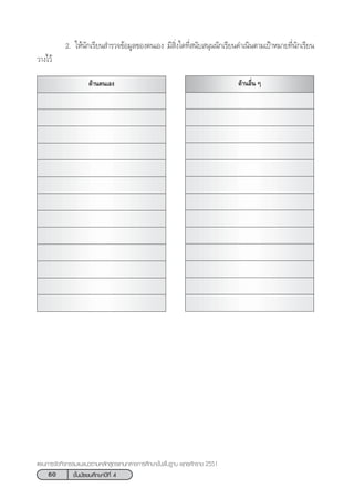 60 ™—Èπ¡—∏¬¡»÷°…“ªï∑’Ë 4
·ºπ°“√®—¥°‘®°√√¡·π–·π«µ“¡À≈—° Ÿµ√·°π°≈“ß°“√»÷°…“¢—Èπæ◊Èπ∞“π æÿ∑∏»—°√“™ 2551
2. „Àâπ—°‡√’¬π ”√«®¢âÕ¡Ÿ≈¢Õßµπ‡Õß ¡’ ‘Ëß„¥∑’Ë π—∫ πÿππ—°‡√’¬π¥”‡π‘πµ“¡‡ªÑ“À¡“¬∑’Ëπ—°‡√’¬π
«“ß‰«â
¥â“πµπ‡Õß ¥â“πÕ◊Ëπ Ê
 