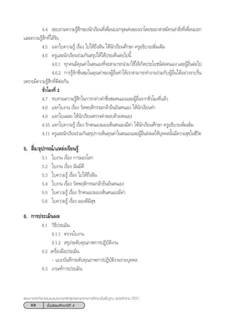 68 ™—Èπ¡—∏¬¡»÷°…“ªï∑’Ë 4
·ºπ°“√®—¥°‘®°√√¡·π–·π«µ“¡À≈—° Ÿµ√·°π°≈“ß°“√»÷°…“¢—Èπæ◊Èπ∞“π æÿ∑∏»—°√“™ 2551
4.4  Õ∫∂“¡§«“¡√Ÿâ ÷°¢Õßπ—°‡√’¬π∑’Ë‡æ◊ËÕπ∫Õ°®ÿ¥‡¥àπ¢Õß‡√“‚¥¬¢ÕÕ“ “ ¡—§√‡≈à“ ‘Ëß∑’Ë‡æ◊ËÕπ∫Õ°
·≈–§«“¡√Ÿâ ÷°∑’Ë‰¥â√—∫
4.5 ·®°„∫§«“¡√Ÿâ ‡√◊ËÕß ‰ª„Àâ∂÷ßΩíπ „Àâπ—°‡√’¬π»÷°…“ §√ŸÕ∏‘∫“¬‡æ‘Ë¡‡µ‘¡
4.6 §√Ÿ·≈–π—°‡√’¬π√à«¡°—π √ÿª„Àâ‰¥âª√–‡¥ÁπµàÕ‰ªπ’È
4.6.1 ∑ÿ°§π¡’§ÿ≥§à“„πµπ‡Õß∑’Ë®– “¡“√∂π”¡“„™â„Àâ‡°‘¥ª√–‚¬™πåµàÕµπ‡Õß·≈–ºŸâÕ◊ËπµàÕ‰ª
4.6.2 °“√√Ÿâ®—°™◊Ëπ™¡„π§ÿ≥§à“¢ÕßºŸâÕ◊Ëπ∑”„Àâ‡√“ “¡“√∂∑”ß“π√à«¡°—∫ºŸâÕ◊Ëπ‰¥âÕ¬à“ß√“∫√◊Ëπ
‡æ√“–¡’§«“¡√Ÿâ ÷°∑’Ë¥’µàÕ°—π
™—Ë«‚¡ß∑’Ë 2
4.7 ∑∫∑«π§«“¡√Ÿâ ÷°„π°“√°≈à“«§”™◊Ëπ™¡µπ‡Õß·≈–ºŸâÕ◊Ëπ®“°™—Ë«‚¡ß∑’Ë·≈â«
4.8 ·®°„∫ß“π ‡√◊ËÕß «—¥æƒµ‘°√√¡°≈â“¬◊π¬—πµπ‡Õß „Àâπ—°‡√’¬π∑”
4.9 ·®°„∫‡©≈¬ „Àâπ—°‡√’¬πµ√«®§”µÕ∫¥â«¬µπ‡Õß
4.10 ·®°„∫§«“¡√Ÿâ ‡√◊ËÕß √—°µπ‡Õß¡Õß‡ÀÁπµπ‡Õß¡’§à“ „Àâπ—°‡√’¬π»÷°…“ §√ŸÕ∏‘∫“¬‡æ‘Ë¡‡µ‘¡
4.11 §√Ÿ·≈–π—°‡√’¬π√à«¡°—π √ÿª°“√‡ÀÁπ§ÿ≥§à“„πµπ‡Õß·≈–ºŸâÕ◊Ëπ àßº≈„Àâ∫ÿ§§≈π—Èπ¡’§«“¡ ÿ¢„π™’«‘µ
5.  ◊ËÕ/Õÿª°√≥å/·À≈àß‡√’¬π√Ÿâ
5.1 „∫ß“π ‡√◊ËÕß °“√¡Õß‚≈°
5.2 „∫ß“π ‡√◊ËÕß ©—π¡’¥’
5.3 „∫§«“¡√Ÿâ ‡√◊ËÕß ‰ª„Àâ∂÷ßΩíπ
5.4 „∫ß“π ‡√◊ËÕß «—¥æƒµ‘°√√¡°≈â“¬◊π¬—πµπ‡Õß
5.5 „∫§«“¡√Ÿâ ‡√◊ËÕß √—°µπ‡Õß¡Õß‡ÀÁπµπ‡Õß¡’§à“
5.6 „∫§«“¡√Ÿâ ‡√◊ËÕß ¡Õß¥’¡’ ÿ¢
6. °“√ª√–‡¡‘πº≈
6.1 «‘∏’ª√–‡¡‘π
6.1.1 µ√«®„∫ß“π
6.1.2  √ÿª√–¥—∫§ÿ≥¿“æ°“√ªØ‘∫—µ‘ß“π
6.2 ‡§√◊ËÕß¡◊Õª√–‡¡‘π
- ·∫∫∫—π∑÷°√–¥—∫§ÿ≥¿“æ°“√ªØ‘∫—µ‘ß“π√“¬∫ÿ§§≈
6.3 ‡°≥±å°“√ª√–‡¡‘π
 