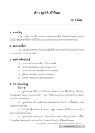 81™—Èπ¡—∏¬¡»÷°…“ªï∑’Ë 4
·ºπ°“√®—¥°‘®°√√¡·π–·π«µ“¡À≈—° Ÿµ√·°π°≈“ß°“√»÷°…“¢—Èπæ◊Èπ∞“π æÿ∑∏»—°√“™ 2551
‡√◊ËÕß ¡ÿ¡¥’¥’...¡’„Àâ¡Õß
‡«≈“ 2 ™—Ë«‚¡ß
1.  “√– ”§—≠
°“√√Ÿâ§«“¡ π„® §«“¡∂π—¥ §«“¡ “¡“√∂¢Õßµπ‡Õß·≈–ºŸâÕ◊Ëπ ∑”„Àâ∫ÿ§§≈‡ÀÁπ§ÿ≥§à“¢Õßµπ‡Õß
·≈–ºŸâÕ◊Ëπ®–™à«¬ àß‡ √‘¡„Àâ¡’§«“¡¡—Ëπ„®„πµπ‡Õß·≈–ºŸâÕ◊Ëπ„π°“√‡√’¬π·≈–∑”°‘®°√√¡√à«¡°—πµàÕ‰ª
2. ®ÿ¥ª√– ß§å™—Èπªï
1.6.1 ¡ÿàß¡—Ëπ„π°“√√—°…“§ÿ≥§à“„πµπ‡Õß·≈–™◊Ëπ™¡„π§ÿ≥§à“¢ÕßºŸâÕ◊Ëπ ¥â“π§«“¡ π„® §«“¡∂π—¥
§«“¡ “¡“√∂¥â“π°“√‡√’¬π ·≈–Õ“™’æ
3. ®ÿ¥ª√– ß§å°“√‡√’¬π√Ÿâ
3.1 ∫Õ°§«“¡ π„®¢Õßµπ‡Õß¥â“π°“√‡√’¬π·≈–Õ“™’æ
3.2 ∫Õ°§«“¡∂π—¥¢Õßµπ‡Õß¥â“π°“√‡√’¬π·≈–Õ“™’æ
3.3 ∫Õ°§«“¡ “¡“√∂¢Õßµπ‡Õß¥â“π°“√‡√’¬π·≈–Õ“™’æ
3.4 ¿Ÿ¡‘„®„π§«“¡∂π—¥·≈–§«“¡ “¡“√∂¢Õßµπ‡Õß
3.5 ¬‘π¥’°—∫§«“¡∂π—¥·≈–§«“¡ “¡“√∂¢Õß‡æ◊ËÕπ
4. °‘®°√√¡°“√‡√’¬π√Ÿâ
™—Ë«‚¡ß∑’Ë 1
4.1 §√Ÿπ”¿“æ∫ÿ§§≈∑’Ë¡’§«“¡ ”‡√Á®„π¥â“π°“√»÷°…“·≈–Õ“™’æ „Àâπ—°‡√’¬π¥Ÿ ·≈â« π∑π“
°—∫π—°‡√’¬π∂÷ß§«“¡ ”‡√Á®¢Õß·µà≈–∫ÿ§§≈«à“ ‡π◊ËÕß®“°‰¥â»÷°…“·≈–ª√–°Õ∫Õ“™’æ∑’Ëµ√ß°—∫§«“¡ π„®
§«“¡∂π—¥ ·≈–§«“¡ “¡“√∂
4.2 §√Ÿ·®°„∫ß“π ‡√◊ËÕß §ÿ≥≈—°…≥–Õ“™’æ¢Õß©—π„Àâπ—°‡√’¬π∑” ‚¥¬™’È·®ß«—µ∂ÿª√– ß§å
·≈–«‘∏’°“√∑”·∫∫ ”√«®
4.3 π—°‡√’¬π‡ªìπºŸâµ√«®§”µÕ∫¥â«¬µπ‡Õß §√Ÿ ÿà¡∂“¡º≈§–·ππ∑’Ë‰¥â®“°°“√∑”·∫∫ ”√«®
·≈–°“√µÕ∫§”∂“¡∑â“¬„∫ß“π
4.4 §√Ÿ·≈–π—°‡√’¬π√à«¡°—π √ÿª«à“ ·µà≈–§π¡’§«“¡·µ°µà“ß°—π„π§ÿ≥≈—°…≥– Õ—π‰¥â·°à
§«“¡ π„® §«“¡∂π—¥ ·≈–§«“¡ “¡“√∂¥â“π°“√‡√’¬π·≈–Õ“™’æ·µà∑ÿ°§π°Á¡’§ÿ≥§à“„πµπ‡Õß
 