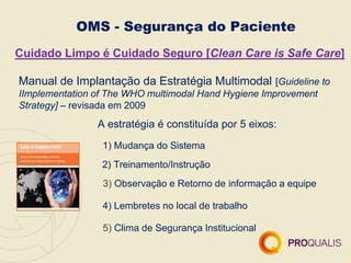 OMS - Segurança do Paciente
Cuidado Limpo é Cuidado Seguro [Clean Care is Safe Care]
Manual de Implantação da Estratégia Multimodal [Guideline to
IImplementation of The WHO multimodal Hand Hygiene Improvement
Strategy] – revisada em 2009
A estratégia é constituída por 5 eixos:
1) Mudança do Sistema
2) Treinamento/Instrução
3) Observação e Retorno de informação a equipe
4) Lembretes no local de trabalho
5) Clima de Segurança Institucional
 