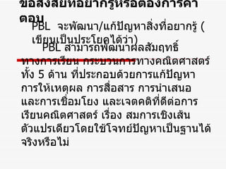 ข้อสงสัยที่อยากรู้หรือต้องการคำตอบ PBL   จะพัฒนา / แก้ปัญหาสิ่งที่อยากรู้  ( เขียนเป็นประโยคได้ว่า )  PBL   สามารถพัฒนาผลสัมฤทธิ์ทางการเรียน กระบวนการทางคณิตศาสตร์ ทั้ง  5   ด้าน ที่ประกอบด้วยการแก้ปัญหา การให้เหตุผล การสื่อสาร การนำเสนอ และการเชื่อมโยง และเจตคติที่ดีต่อการเรียนคณิตศาสตร์ เรื่อง สมการเชิงเส้นตัวแปรเดียวโดยใช้ โจทย์ ปัญหาเป็นฐานได้จริงหรือไม่ 