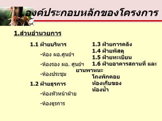 องค์ประกอบหลักของโครงการ 1. ส่วนอำนวยการ 1.1   ฝ่ายบริหาร   - ห้อง ผอ . ศูนย์ฯ   - ห้องรอง ผอ .  ศูนย์ฯ   - ห้องประชุม 1.2   ฝ่ายธุรการ   - ห้องหัวหน้าฝ่าย   - ห้องธุรการ 1.3   ฝ่ายการคลัง 1.4   ฝ่ายพัสดุ 1.5  ฝ่ายทะเบียน 1. 6  ฝ่ายอาคารสถานที่ และยานพาหนะ โถงพักคอย ห้องเก็บของ ห้องน้ำ 
