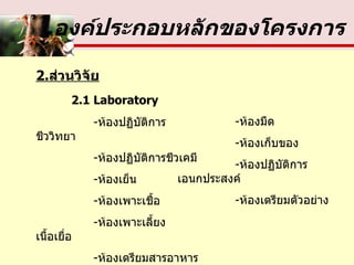 องค์ประกอบหลักของโครงการ 2. ส่วนวิจัย 2.1 Laboratory   - ห้องปฏิบัติการชีววิทยา   - ห้องปฏิบัติการชีวเคมี   - ห้องเย็น   - ห้องเพาะเชื้อ   - ห้องเพาะเลี้ยงเนื้อเยื่อ   - ห้องเตรียมสารอาหาร   - ห้องคอมพิวเตอร์   - ห้องมืด   - ห้องเก็บของ   - ห้องปฏิบัติการเอนกประสงค์   - ห้องเตรียมตัวอย่าง 